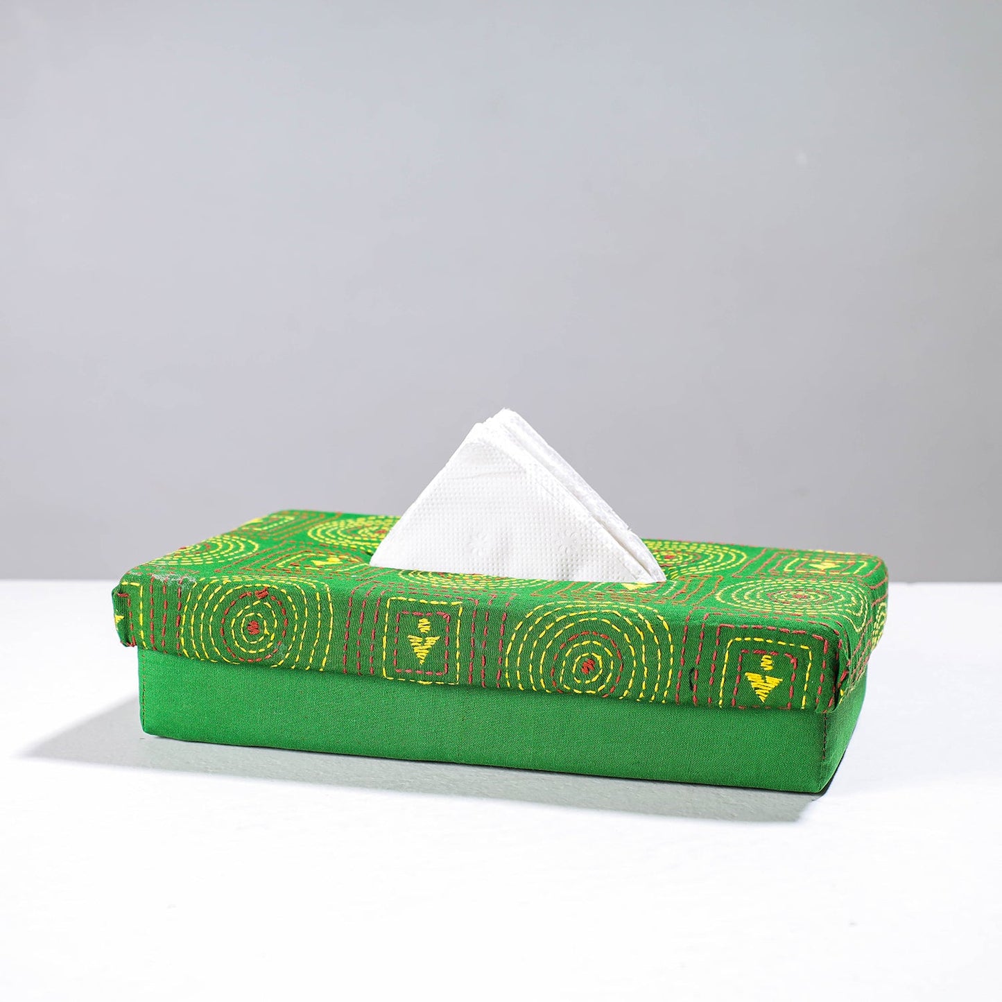 Green Handcrafted Bengal Kantha Work Tissue Box