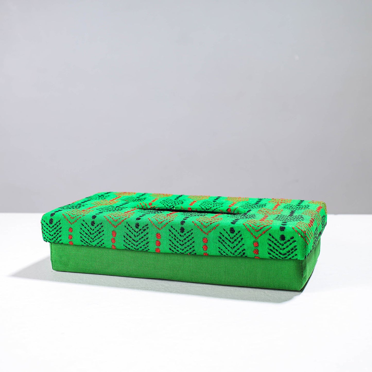 Green Handcrafted Bengal Kantha Work Tissue Box