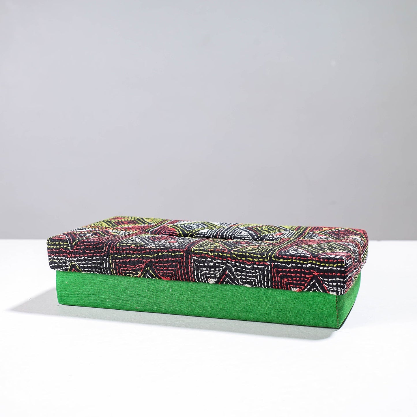 Green Handcrafted Bengal Kantha Work Tissue Box