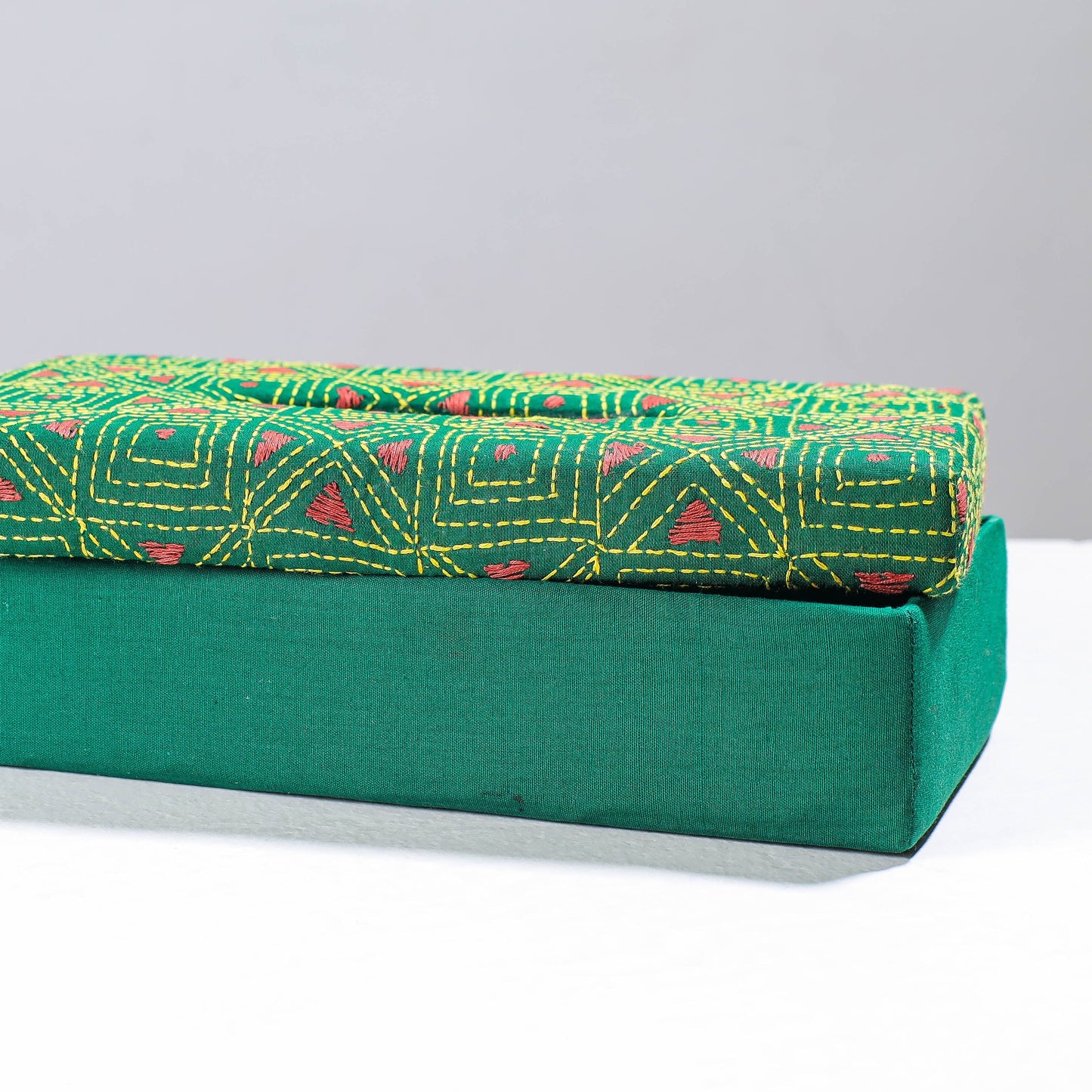 Green Handcrafted Bengal Kantha Work Tissue Box