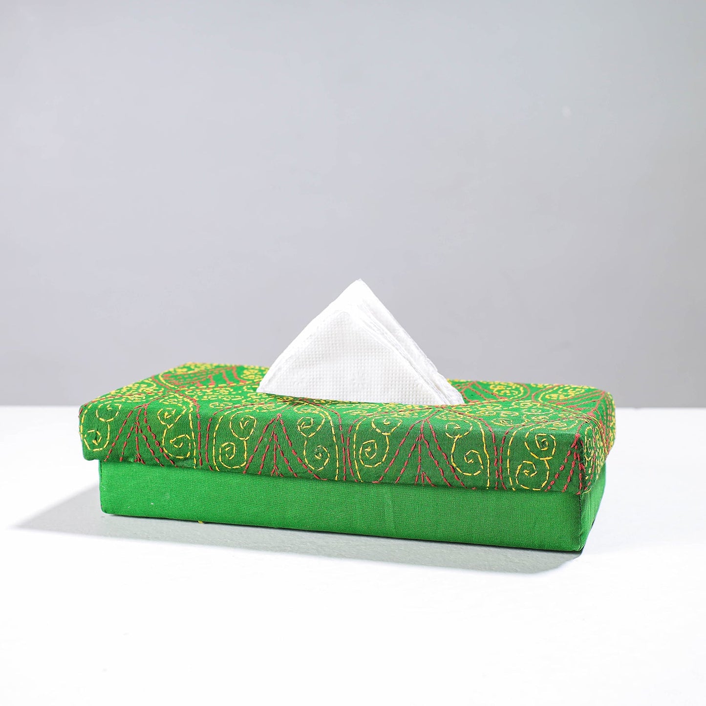 Green Handcrafted Bengal Kantha Work Tissue Box