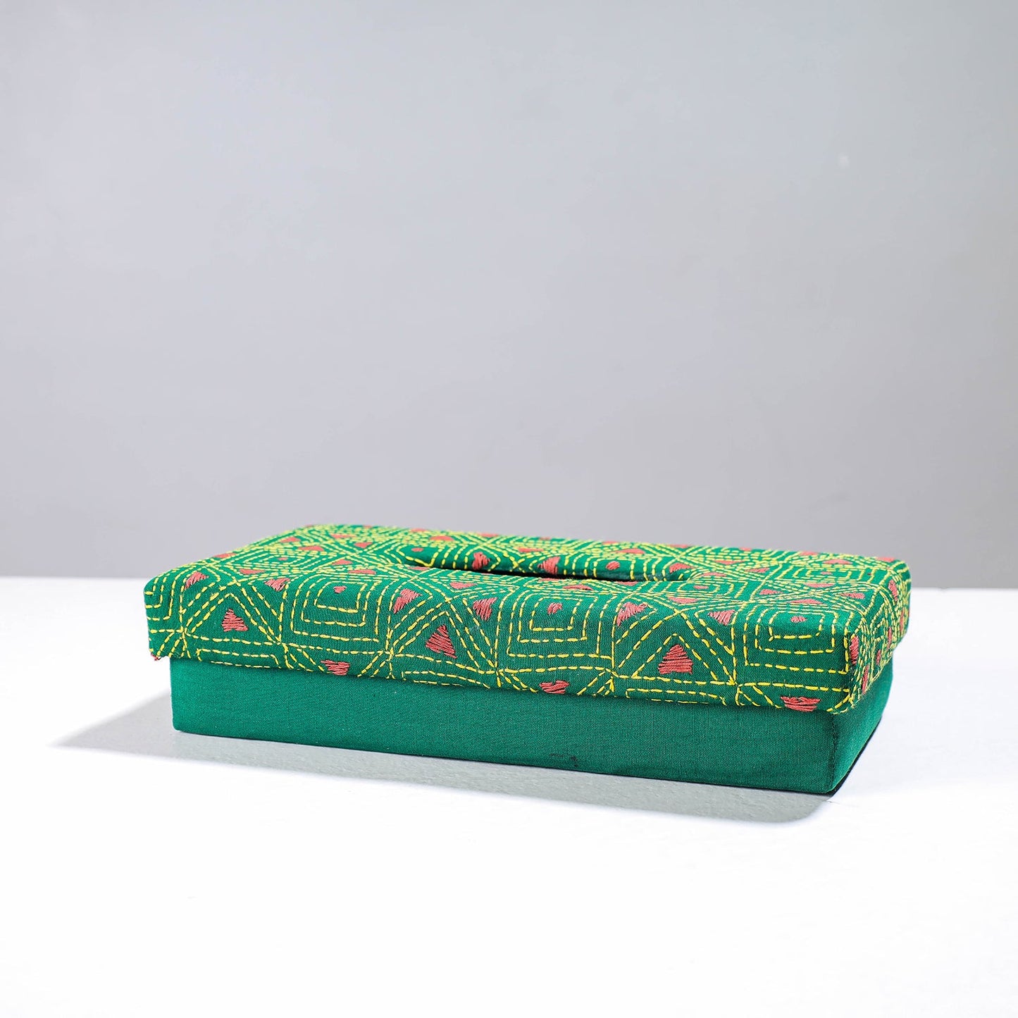 Green Handcrafted Bengal Kantha Work Tissue Box