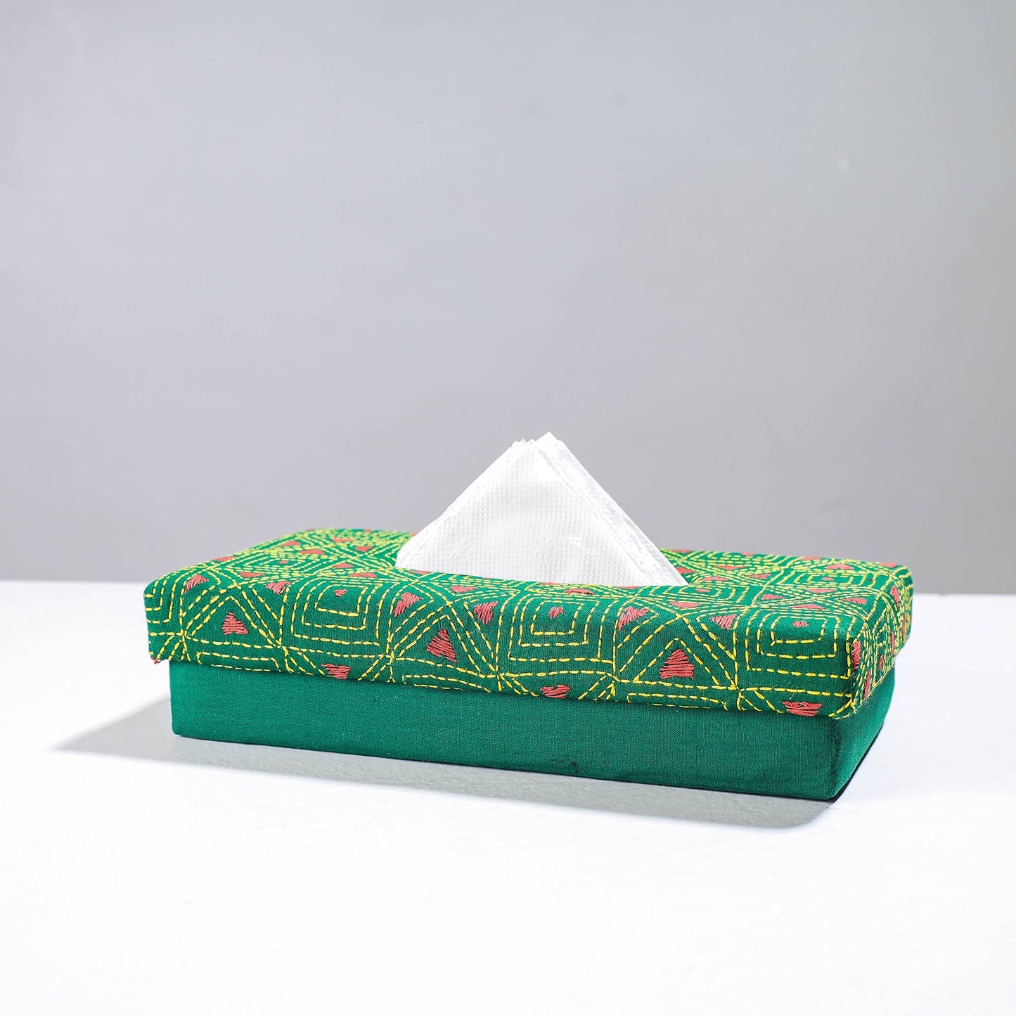 Green Handcrafted Bengal Kantha Work Tissue Box
