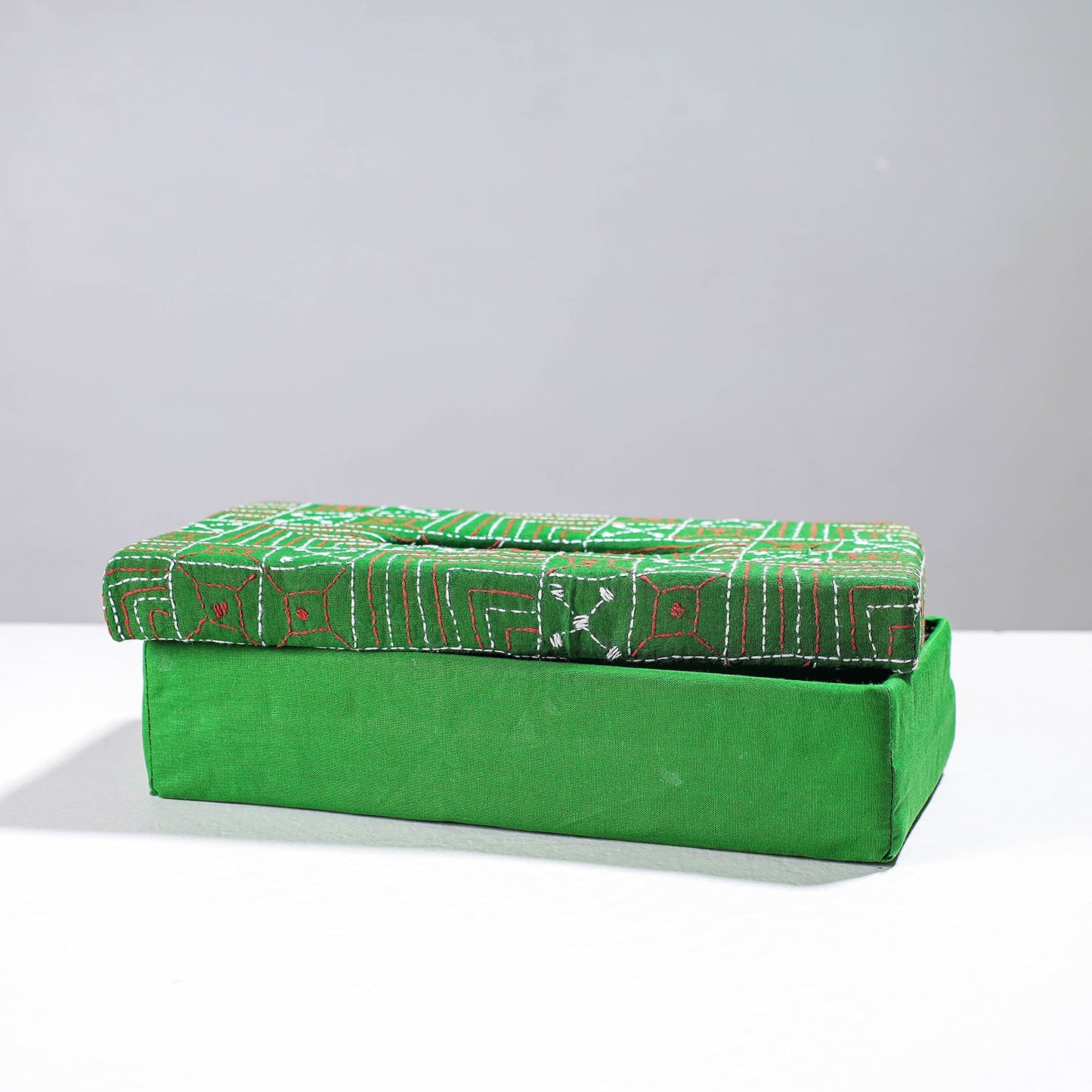 Green Handcrafted Bengal Kantha Work Tissue Box