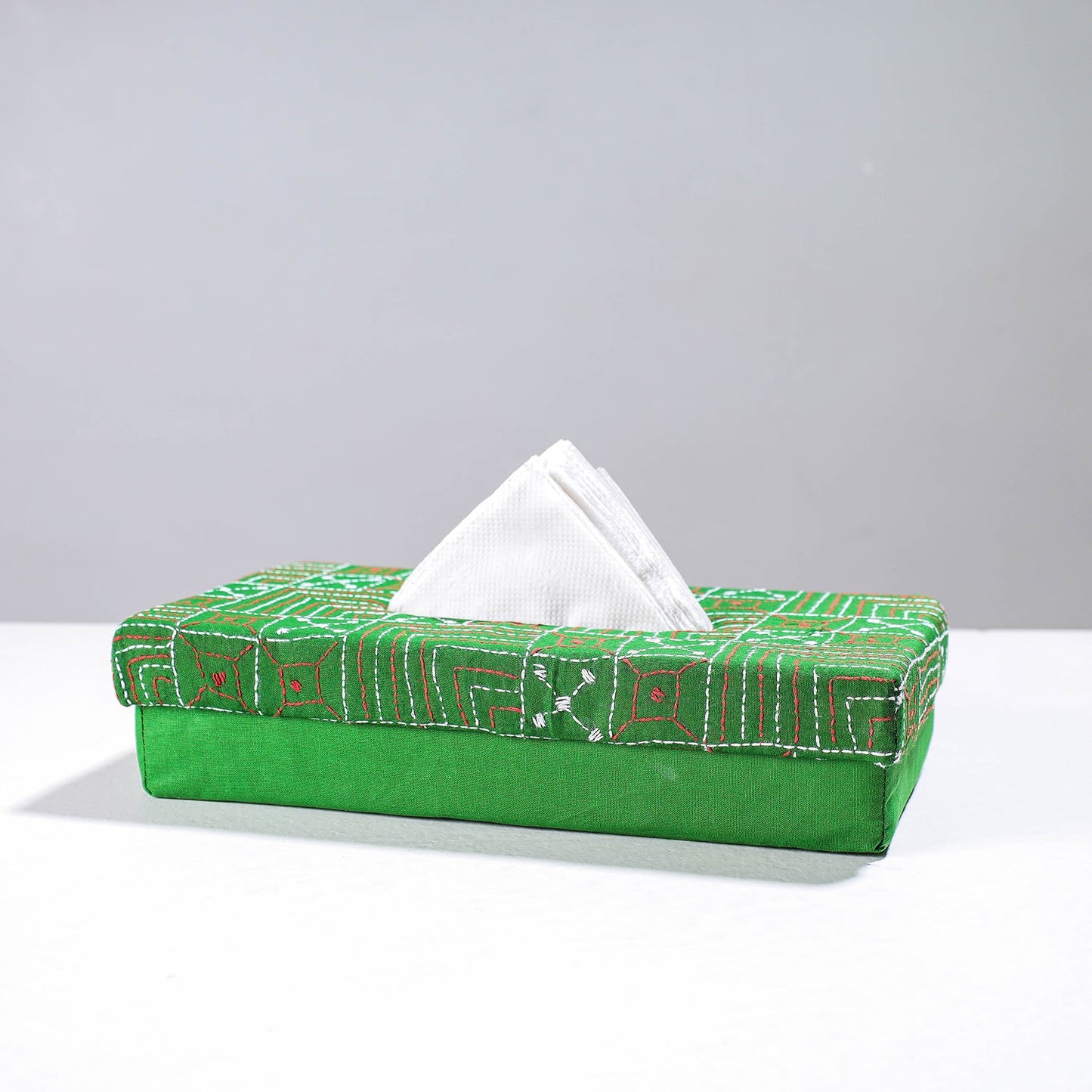 Green Handcrafted Bengal Kantha Work Tissue Box