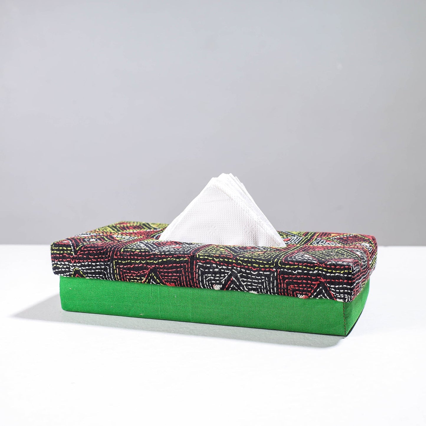 Green Handcrafted Bengal Kantha Work Tissue Box