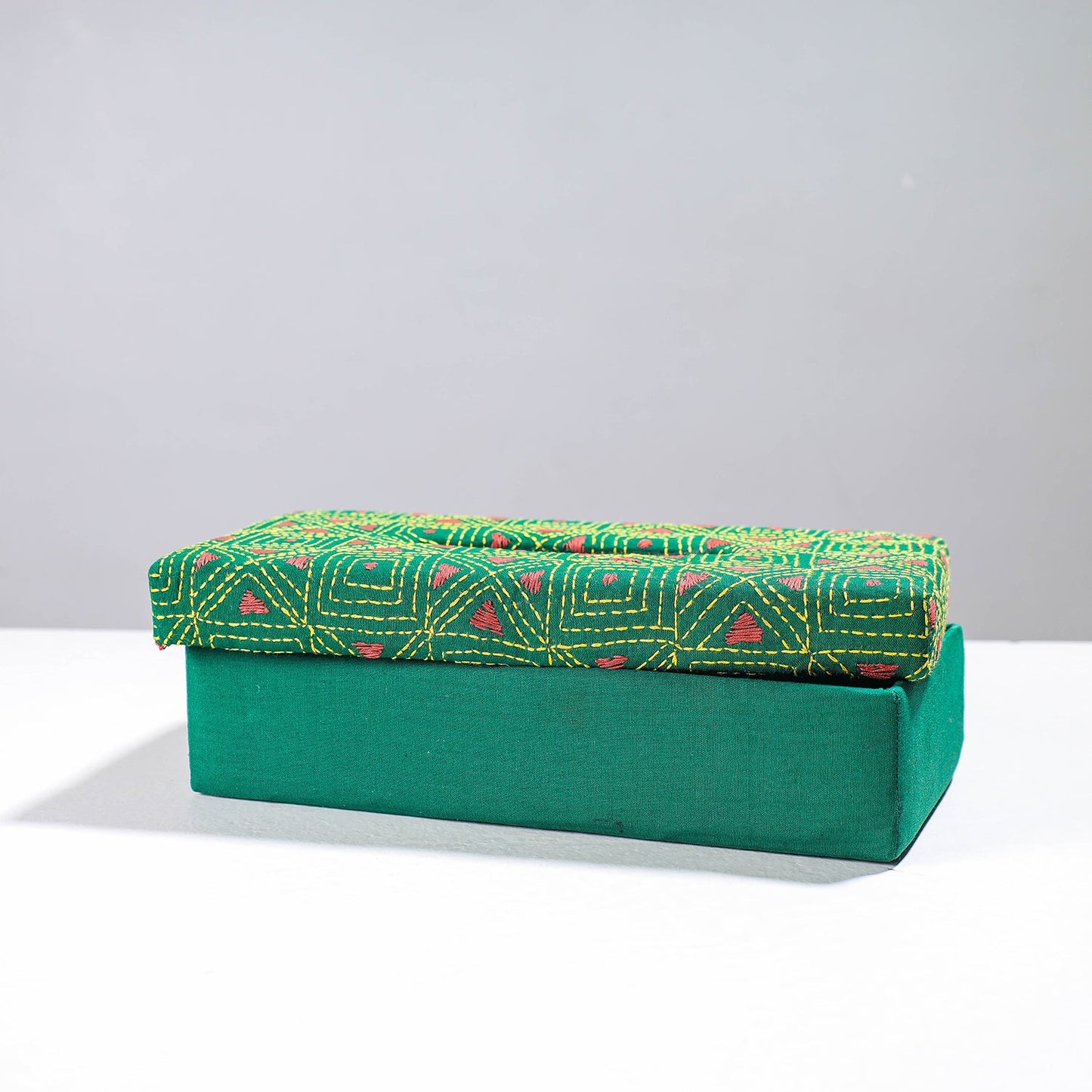 Green Handcrafted Bengal Kantha Work Tissue Box
