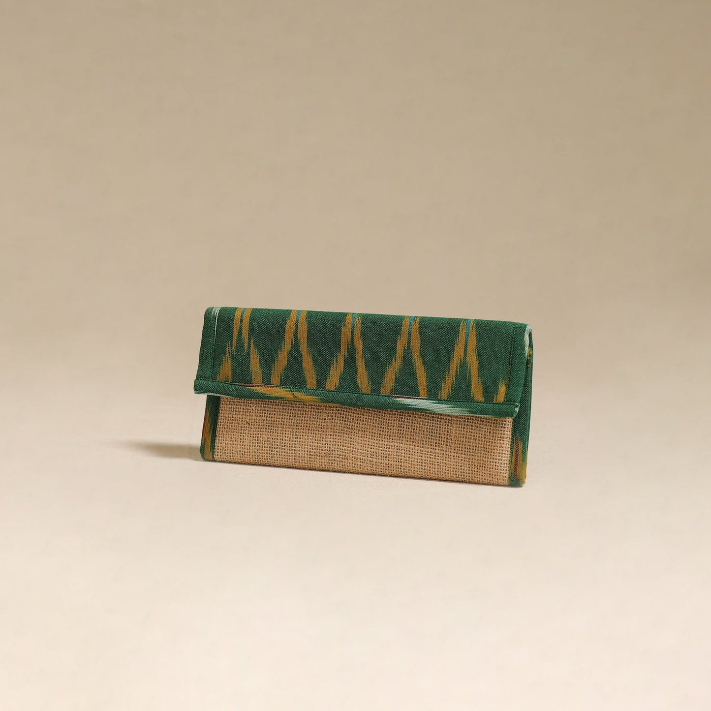 Green - handcrafted ikat fabric jute clutch / wallet