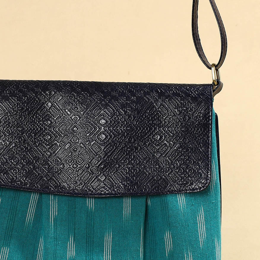Handcrafted Ikat Fabric Sling Bag with Embossed Leather Flap