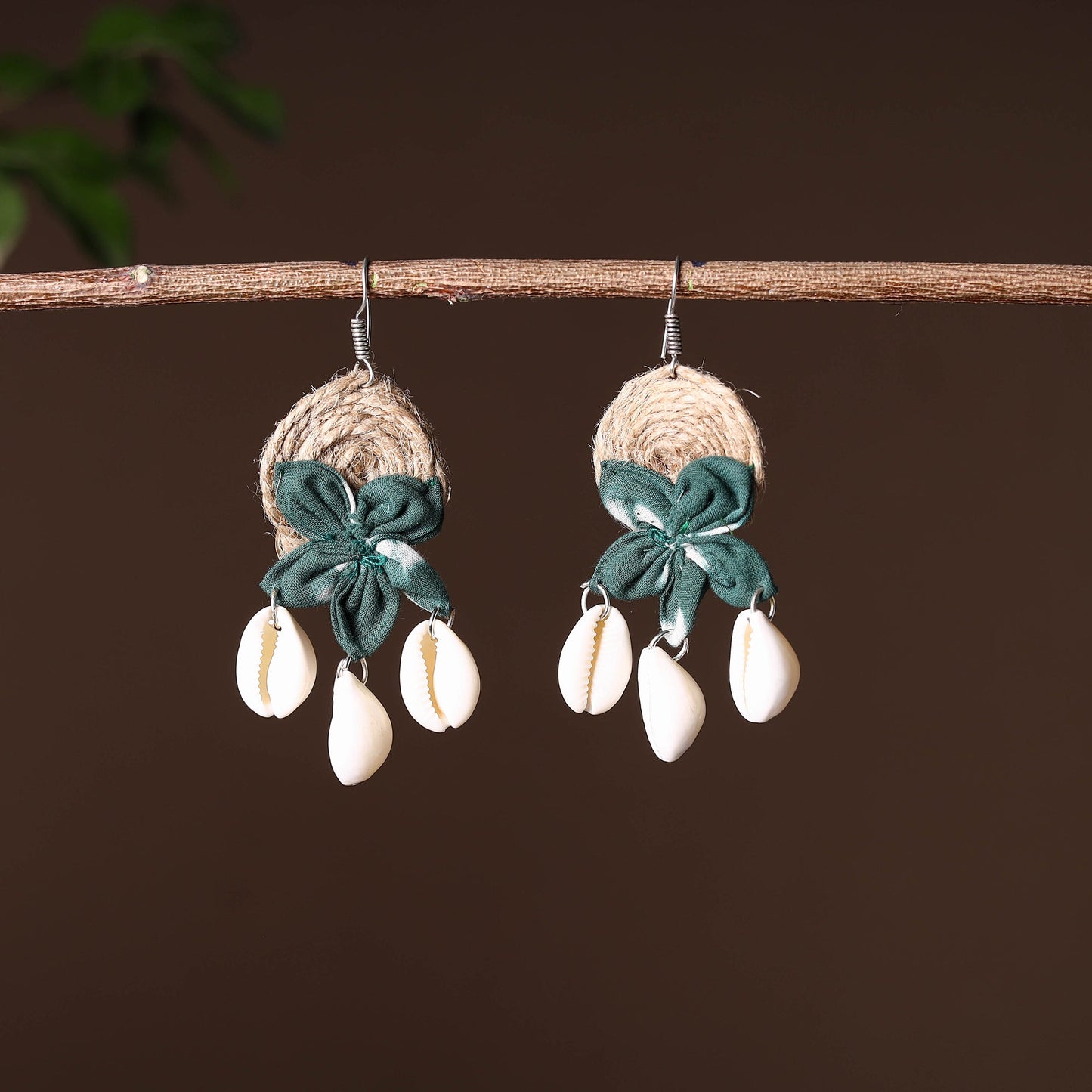 Green - handcrafted jute phool kali shell earrings 42