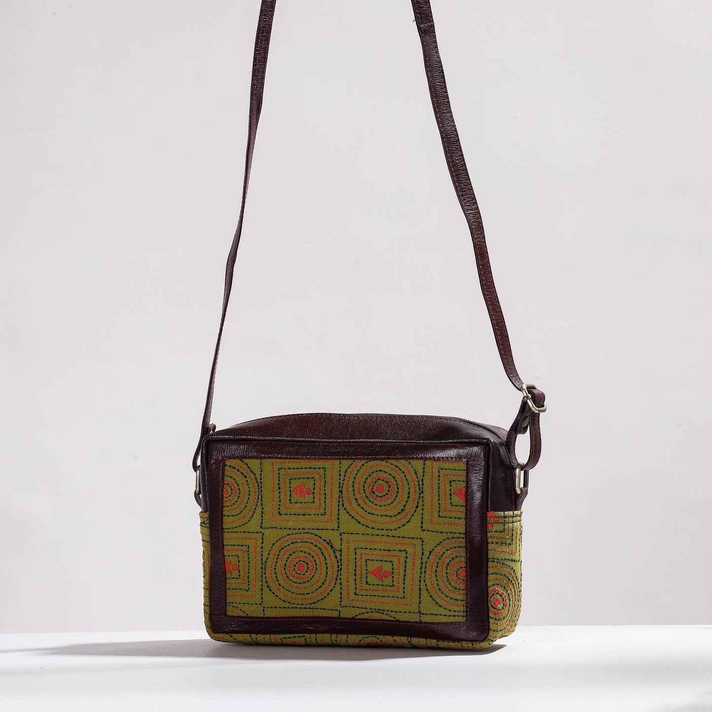 Handcrafted Kantha Embroidery Cotton & Leather Sling Bag