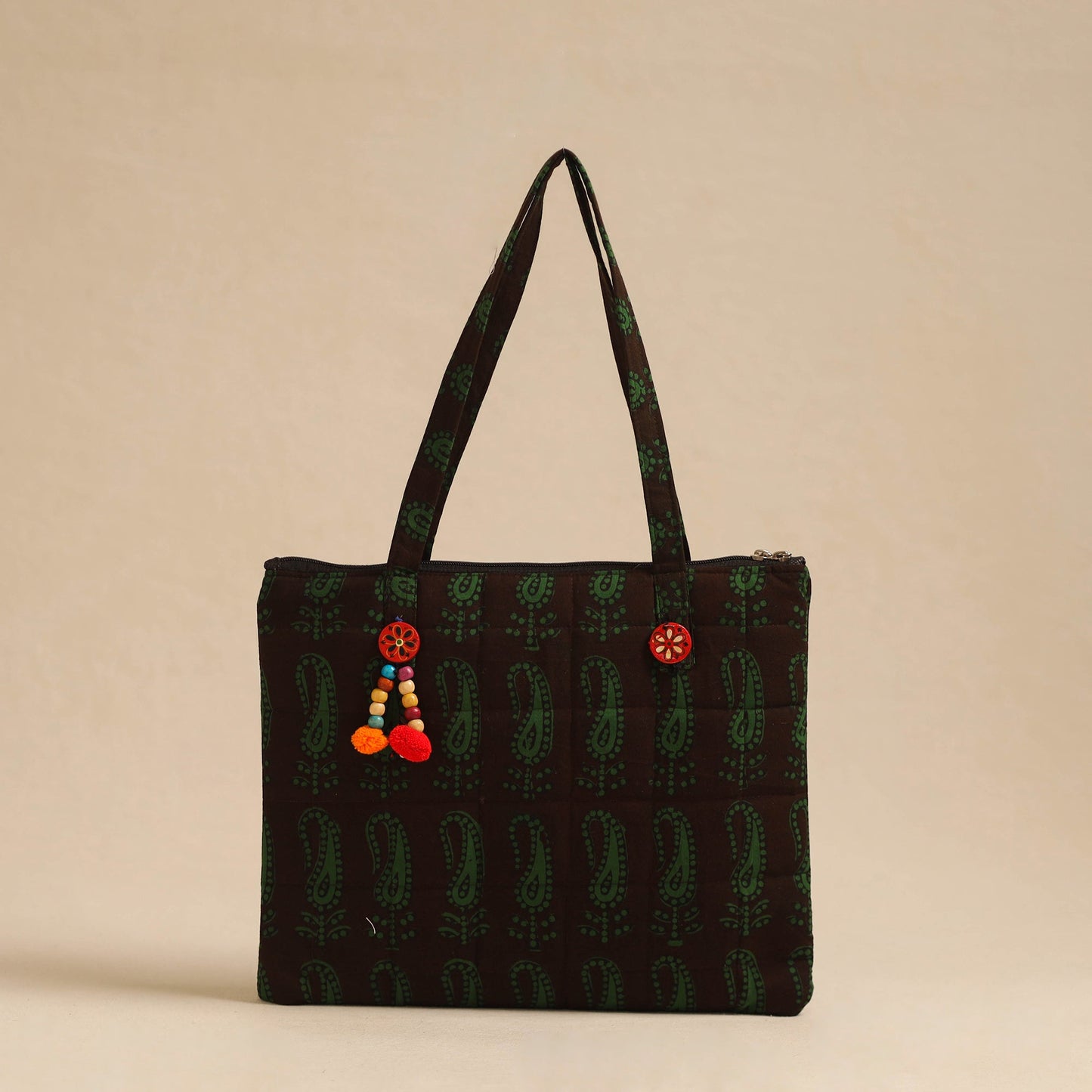 Green Handcrafted Quilted Cotton Hand Bag