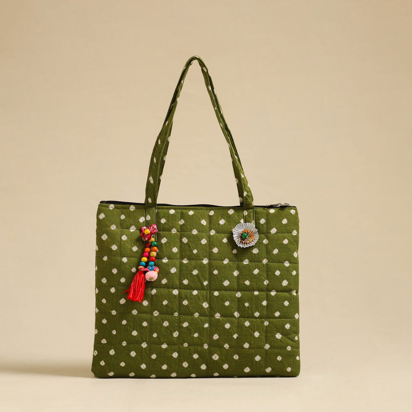 Green Handcrafted Quilted Cotton Hand Bag
