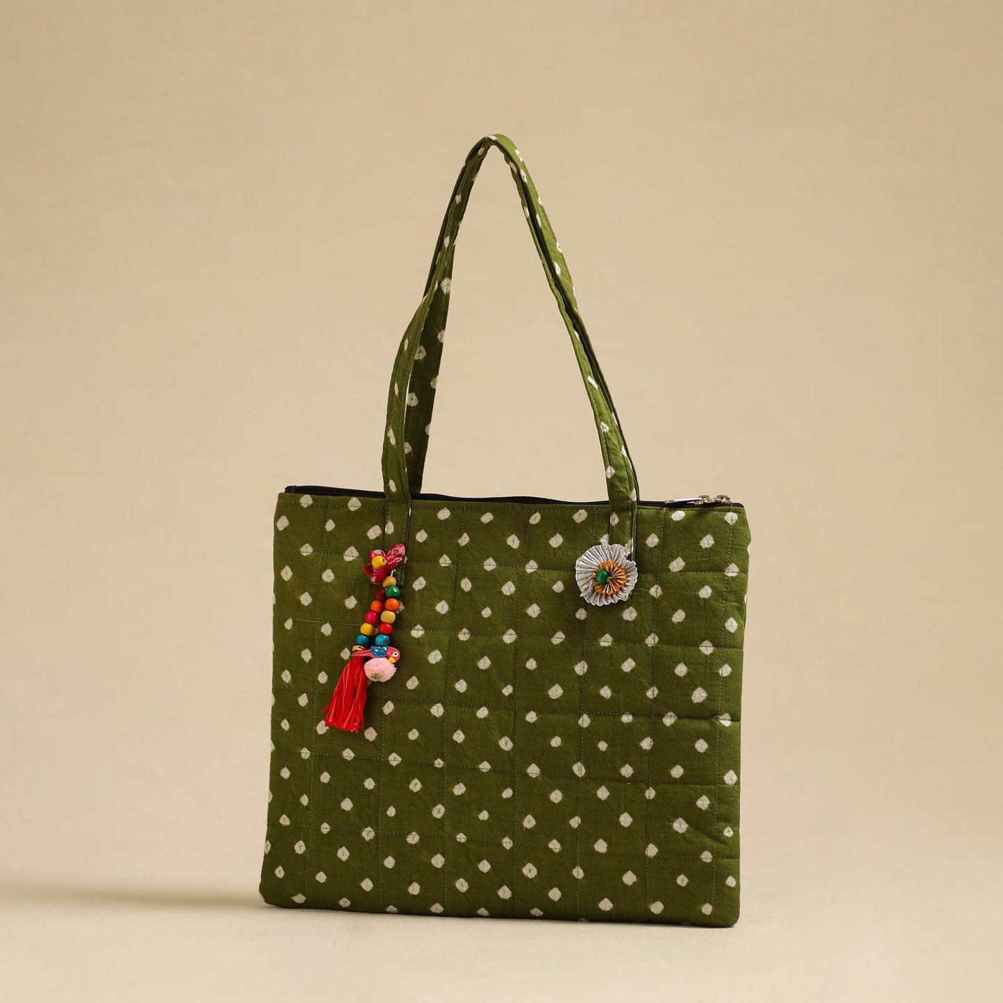 Green Handcrafted Quilted Cotton Hand Bag