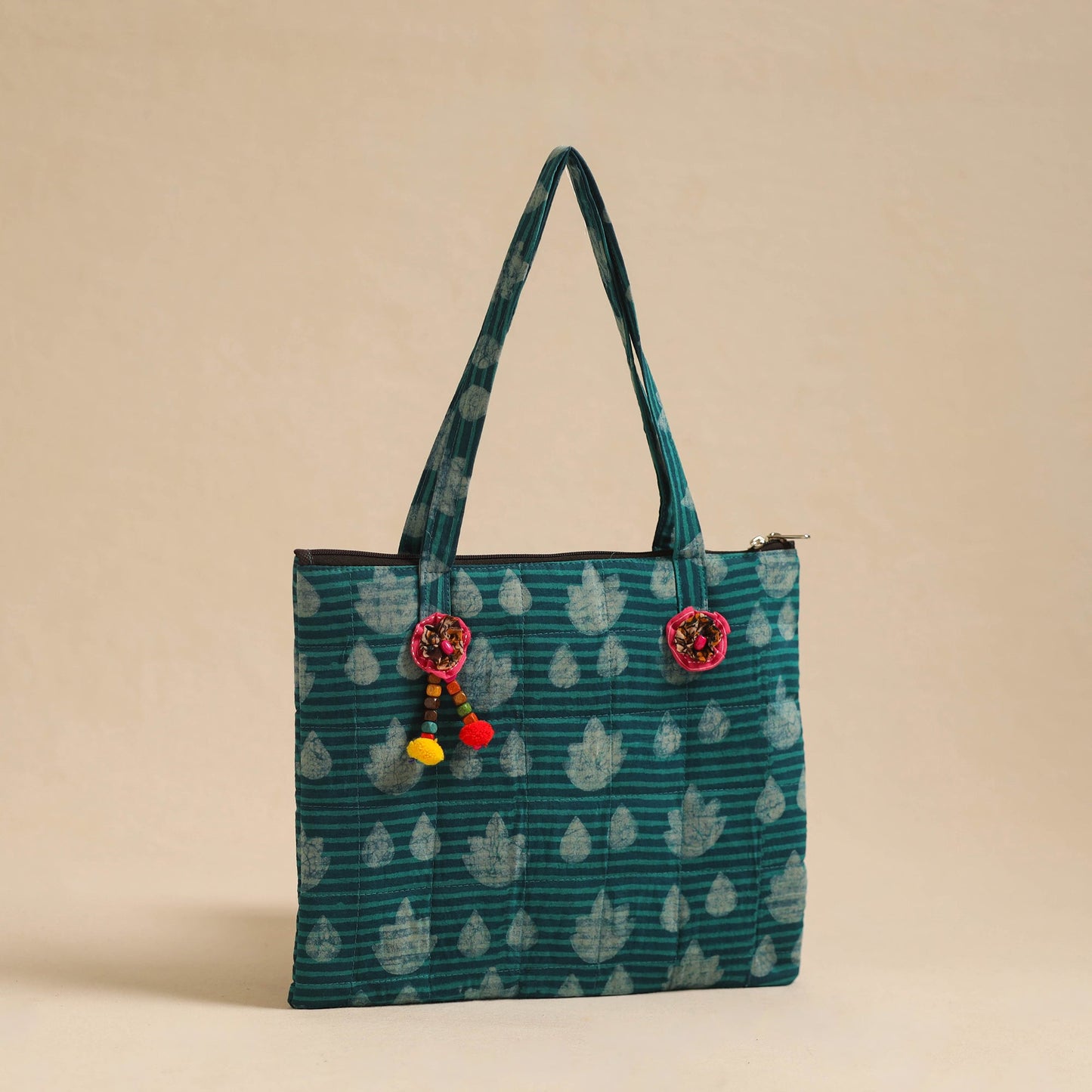 Green Handcrafted Quilted Cotton Hand Bag