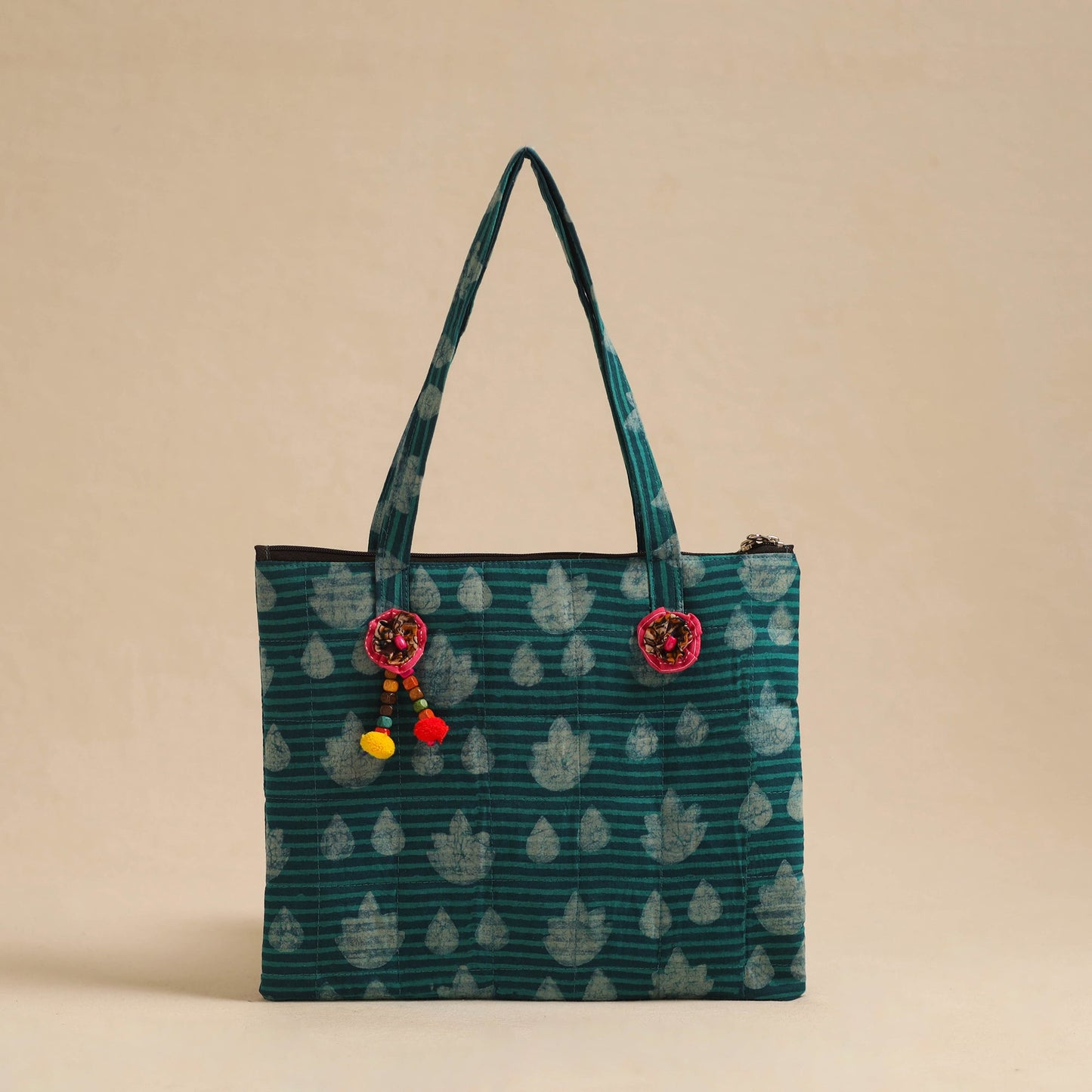 Green Handcrafted Quilted Cotton Hand Bag