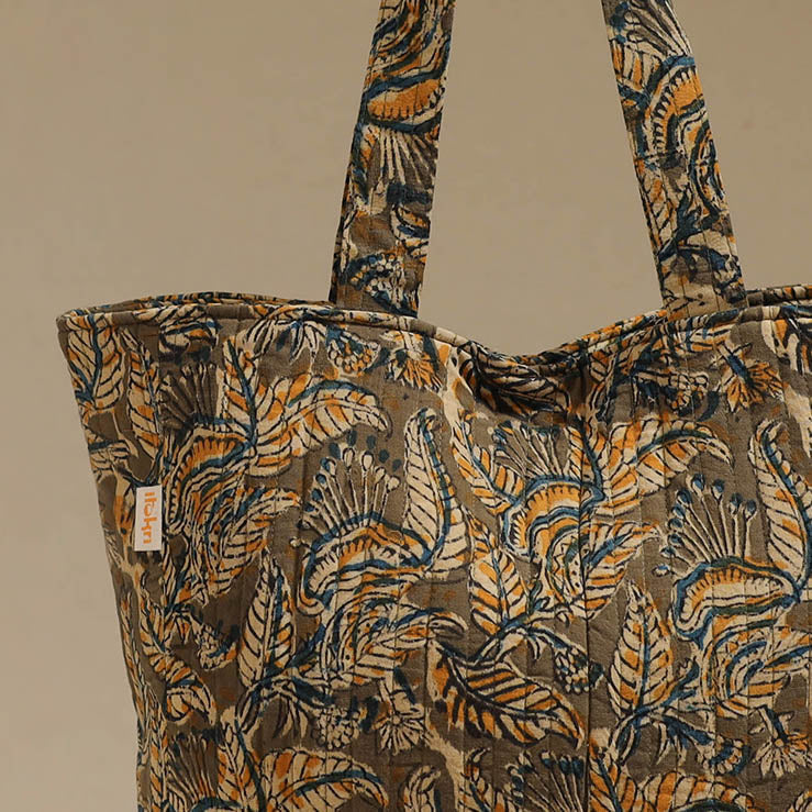 Handcrafted quilted kalamkari block printed fabric tote bag