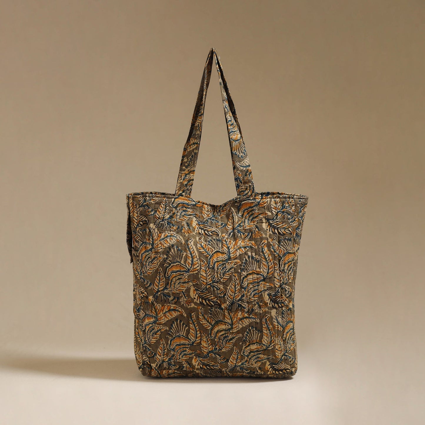 Handcrafted quilted kalamkari block printed fabric tote bag