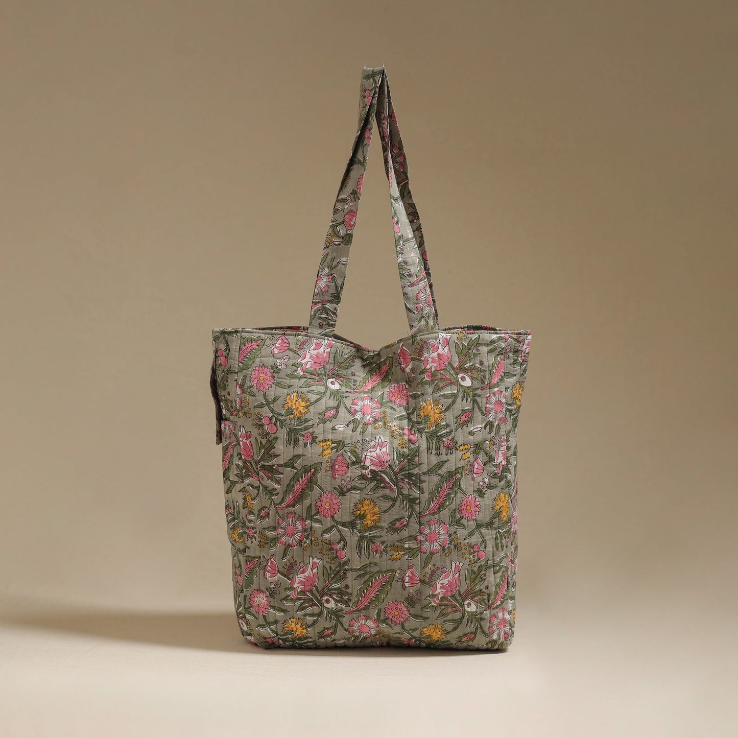 Handcrafted quilted sanganeri block printed fabric tote bag