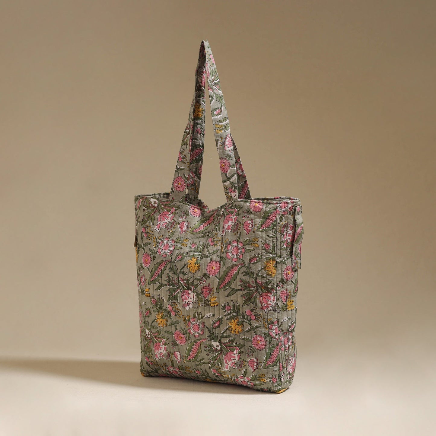 Handcrafted quilted sanganeri block printed fabric tote bag
