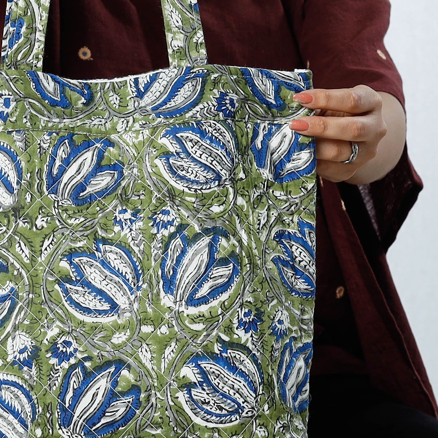 Green - Handcrafted Quilted Sanganeri Block Printed Shoulder Bag