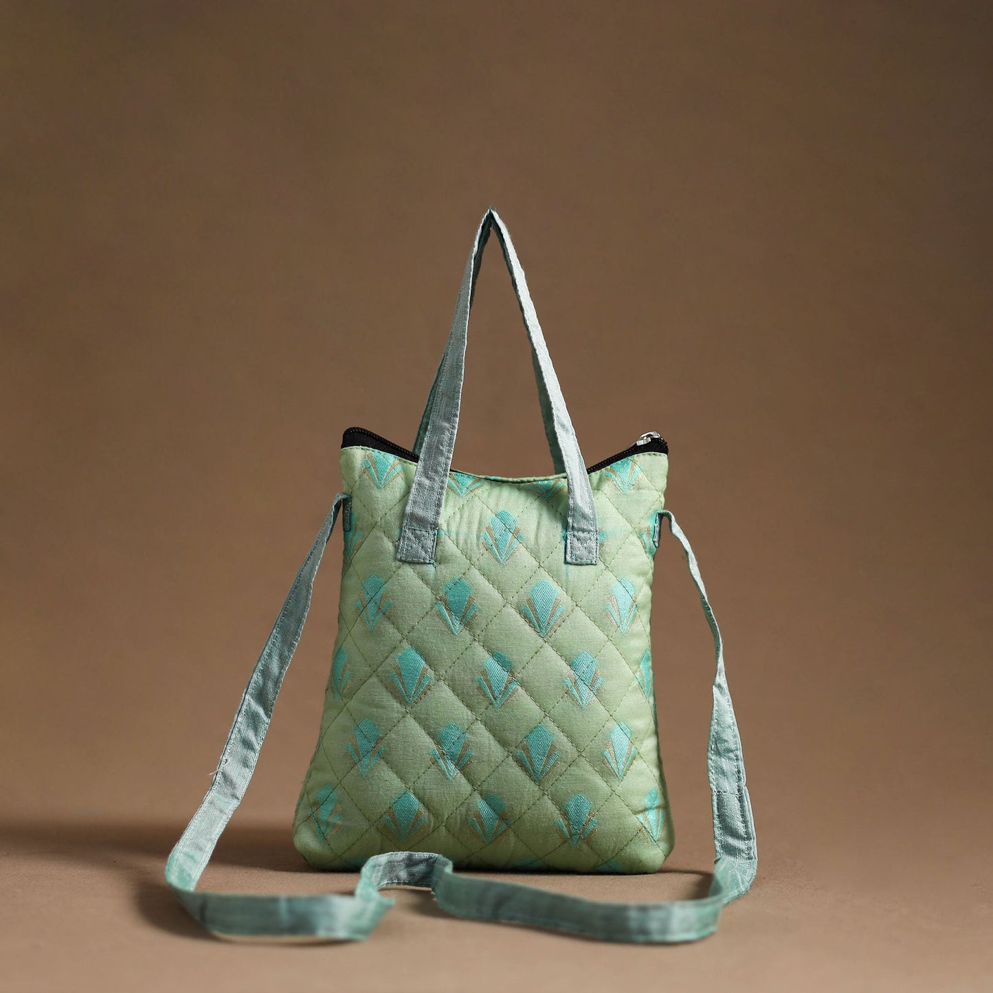 Green - handcrafted quilted silk sling bag 02