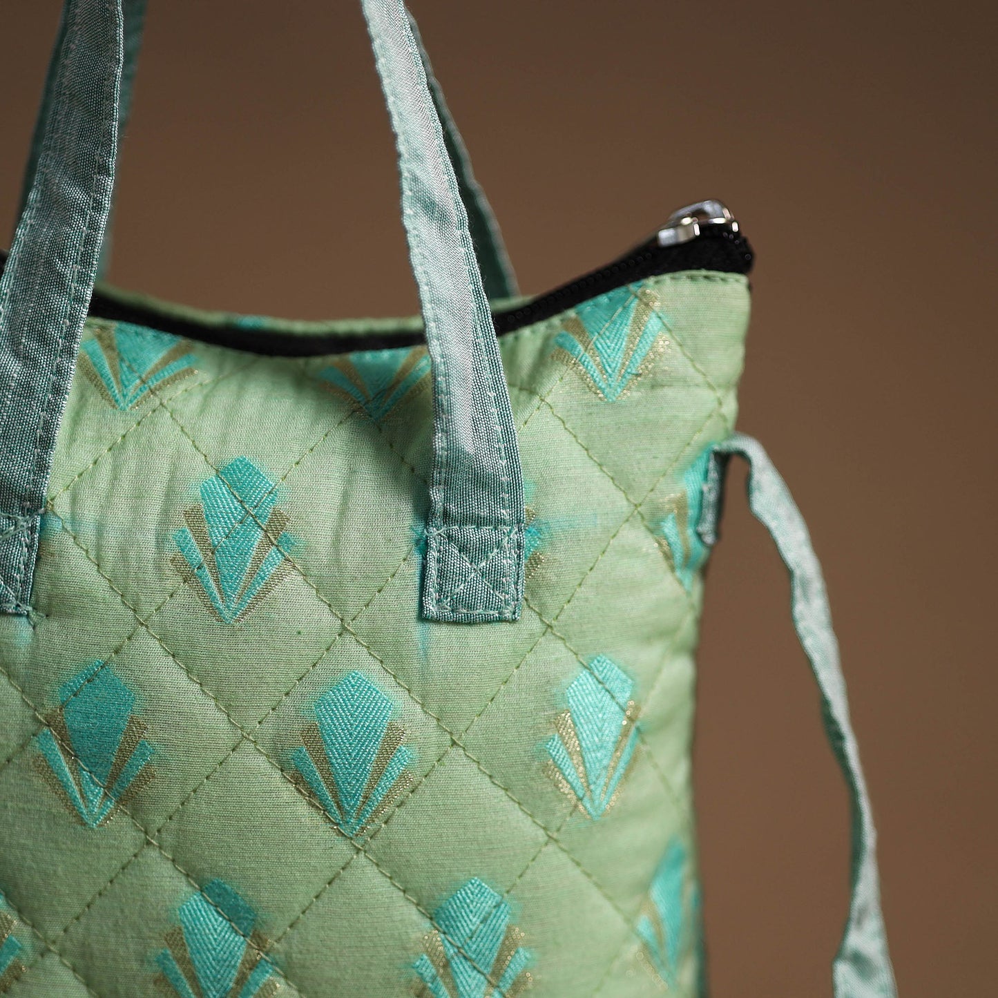 Green - handcrafted quilted silk sling bag 02