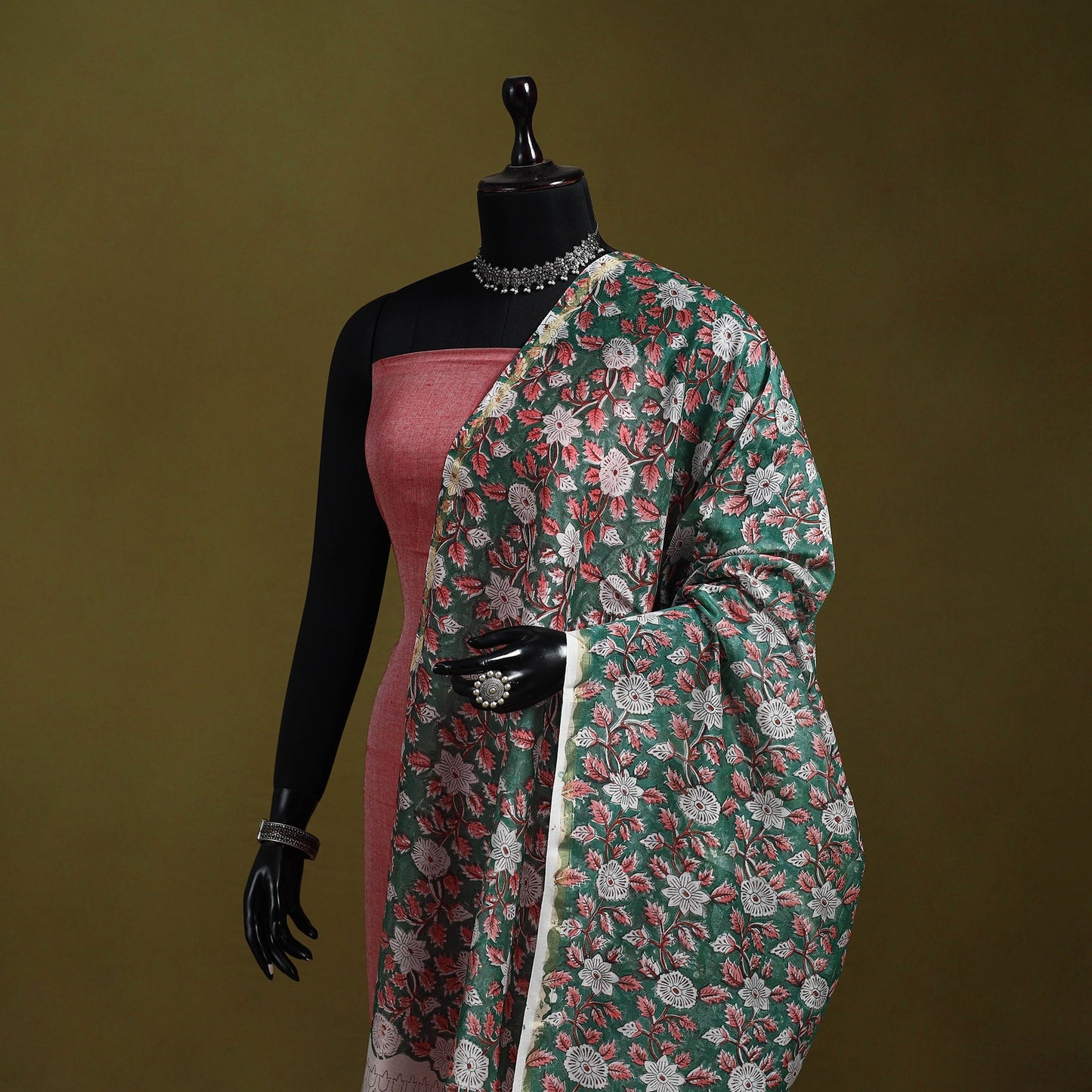 Green - handloom chanderi silk hand sanganeri dupatta 15
