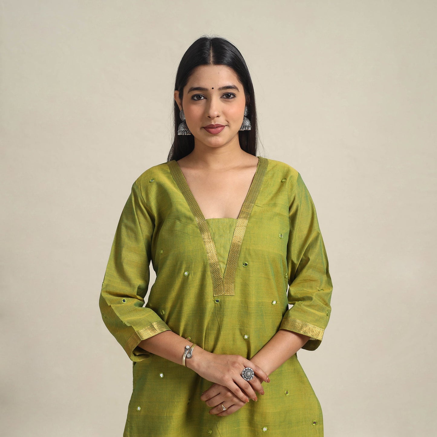 Handloom Cotton Mirror Work Green Straight Mangalagiri Kurta for Women