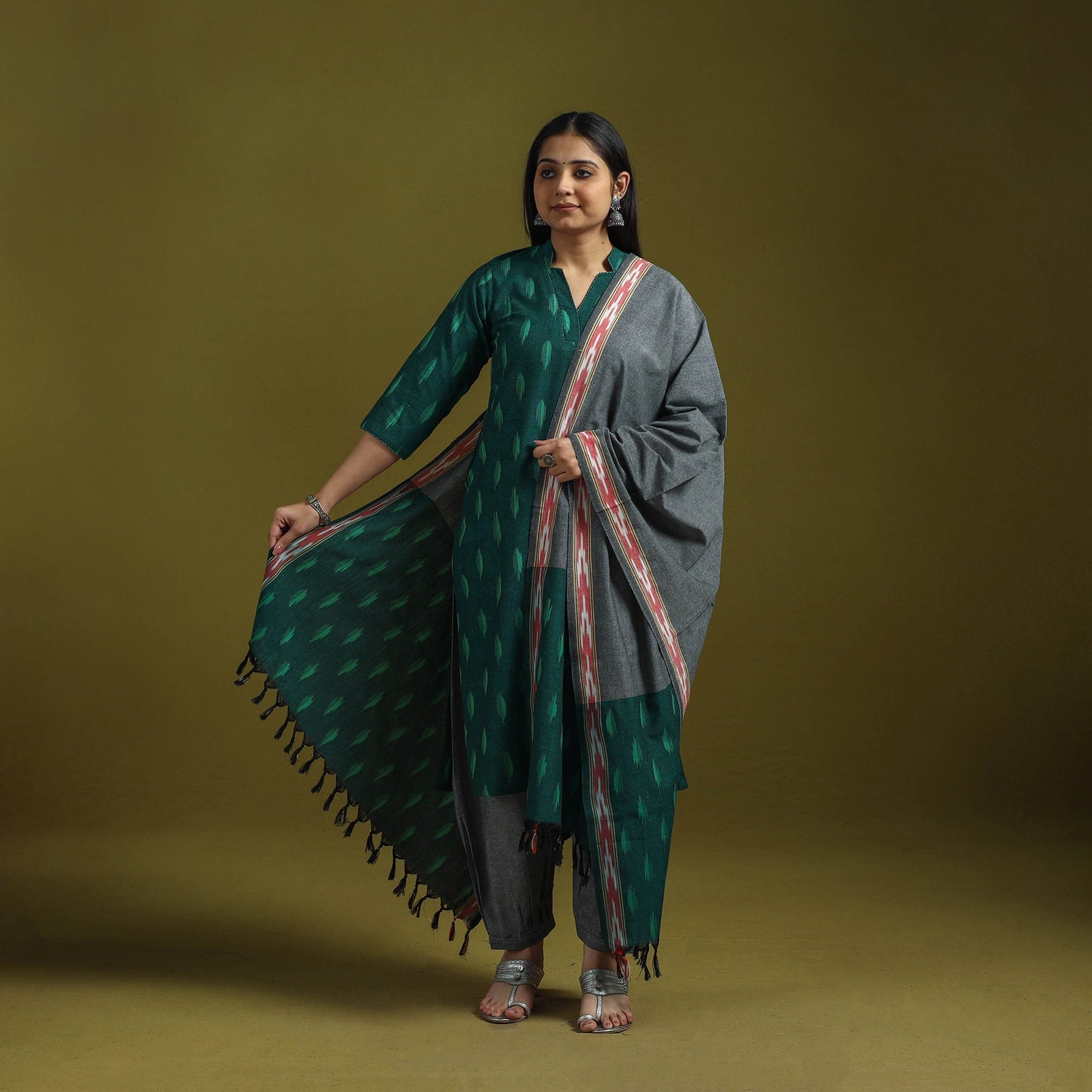Handloom cotton pochampally ikat 3pc kurta set for women 20