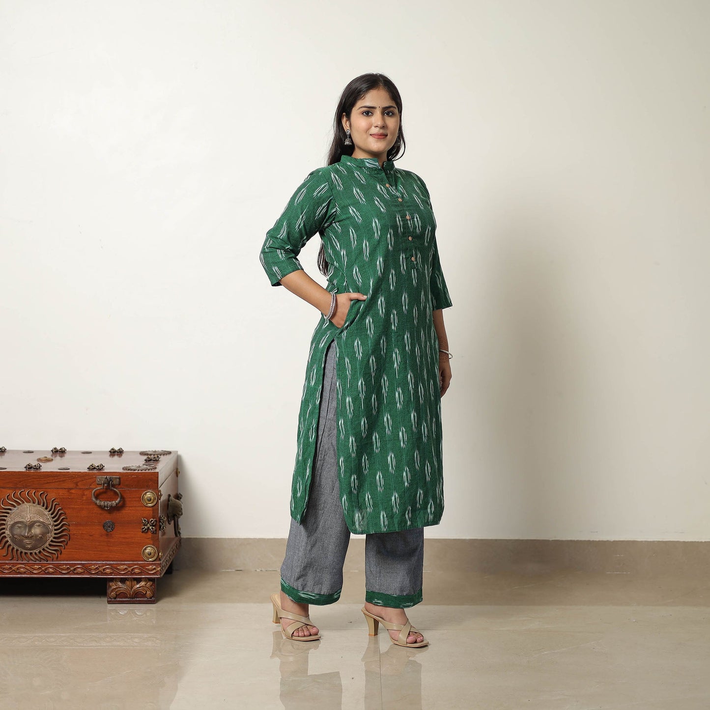 Green Handloom Cotton Pochampally Ikat Kurta Set