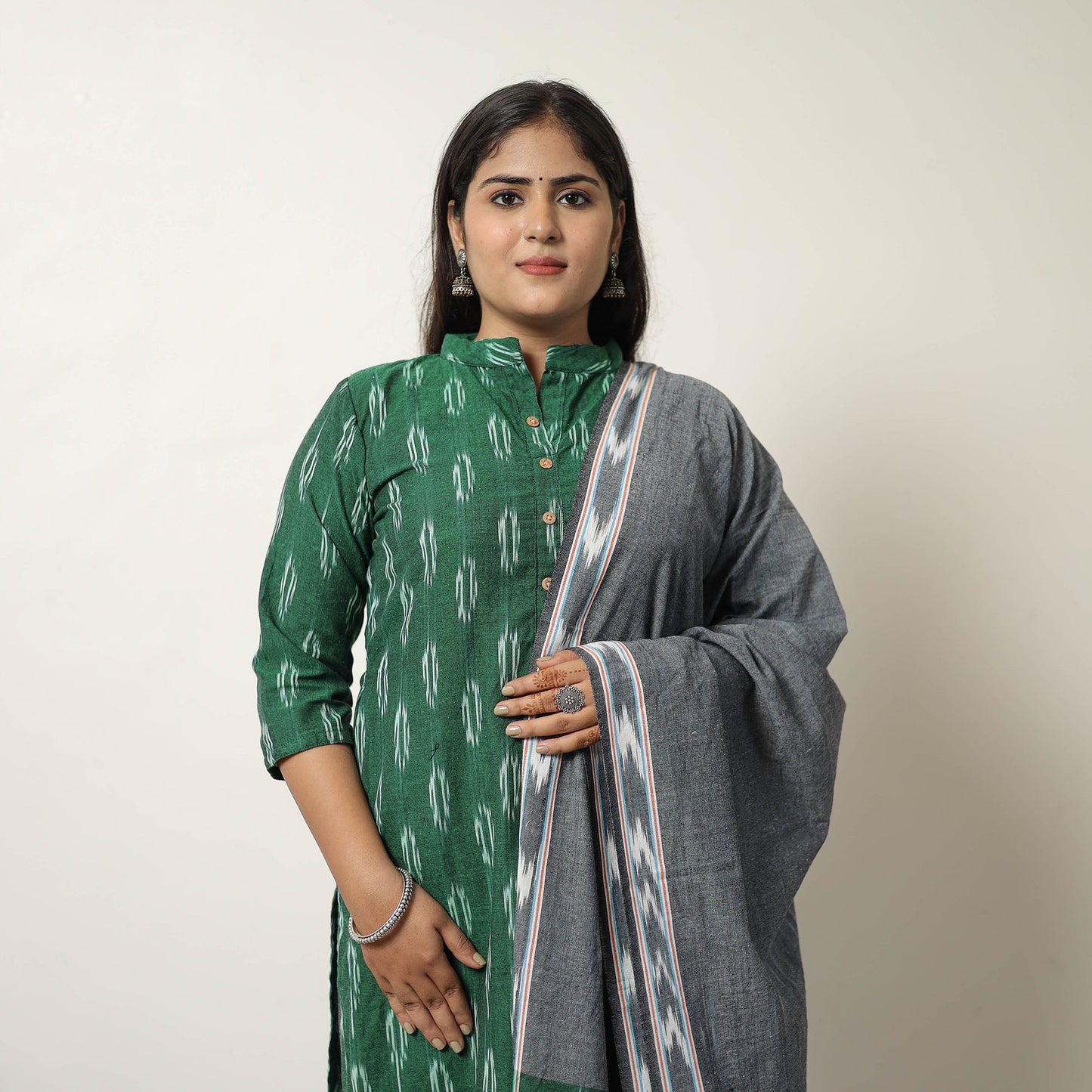 Green Handloom Cotton Pochampally Ikat Kurta Set