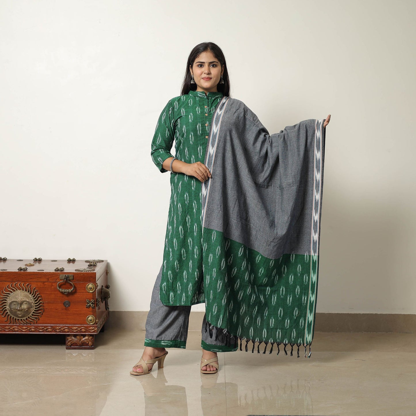 Green Handloom Cotton Pochampally Ikat Kurta Set