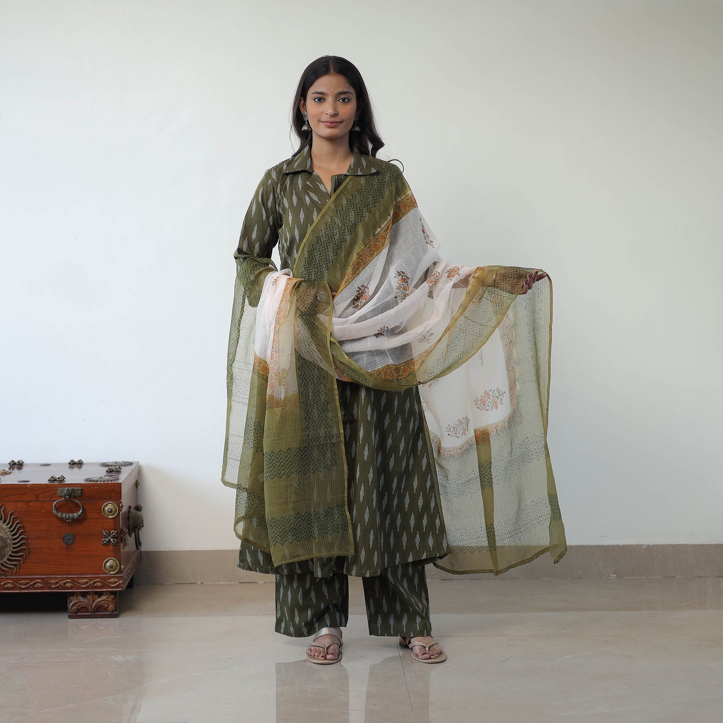 Green Handloom Cotton Pochampally Ikat Kurta Set with Dupatta