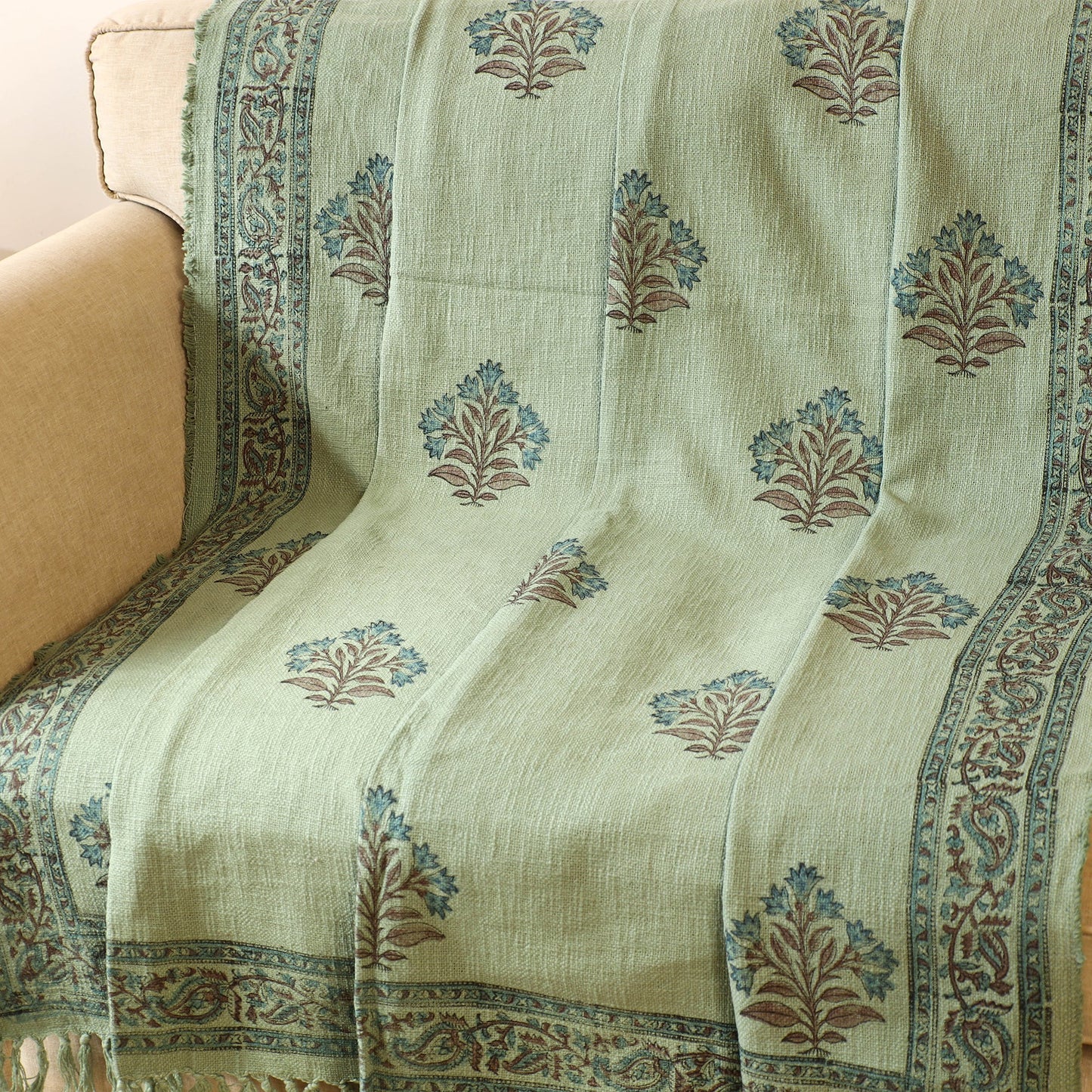 Green - handloom jaipur cotton sofa throw 34 - handcrafted