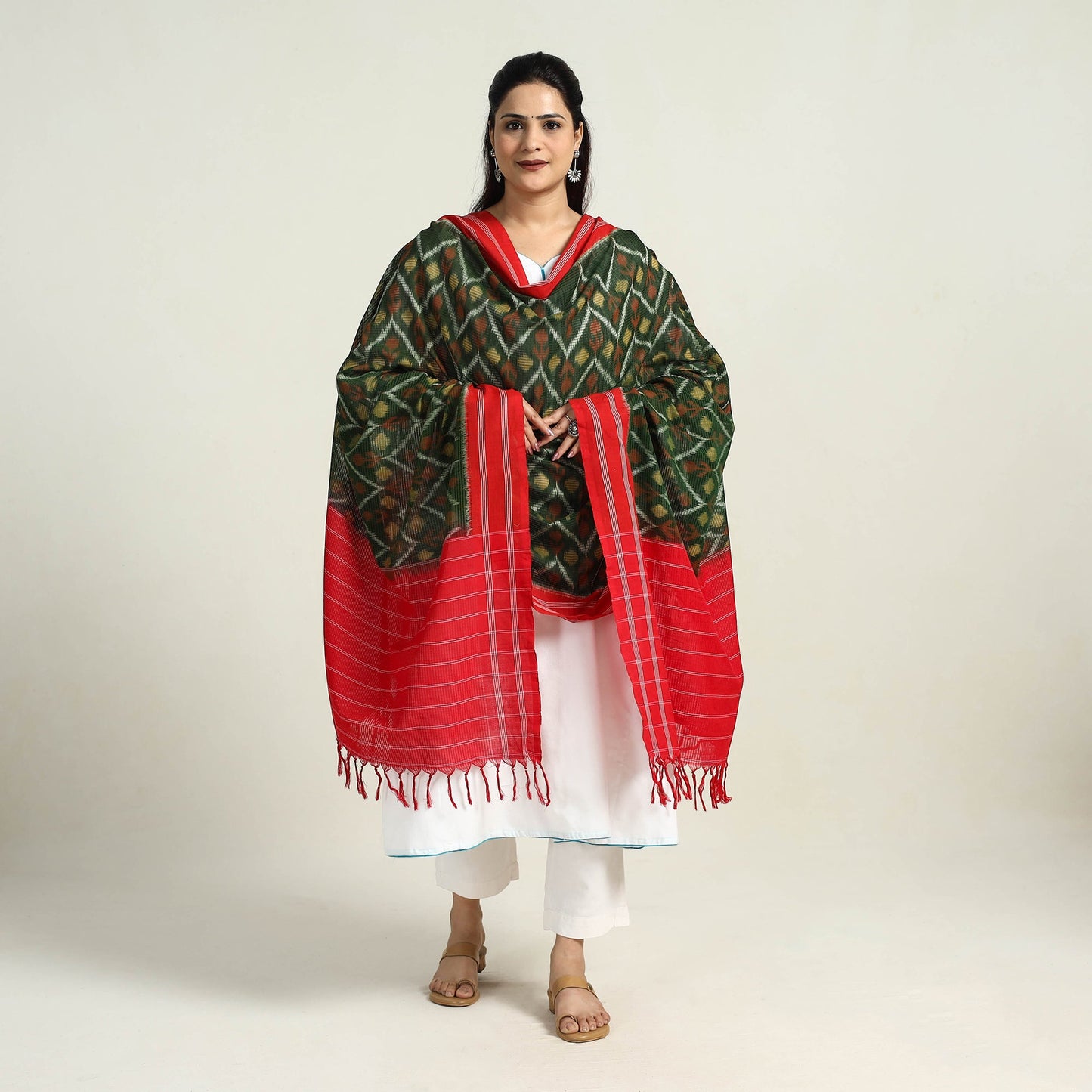 Green Handloom Pochampally Double Ikat Telia Rumal Dupatta