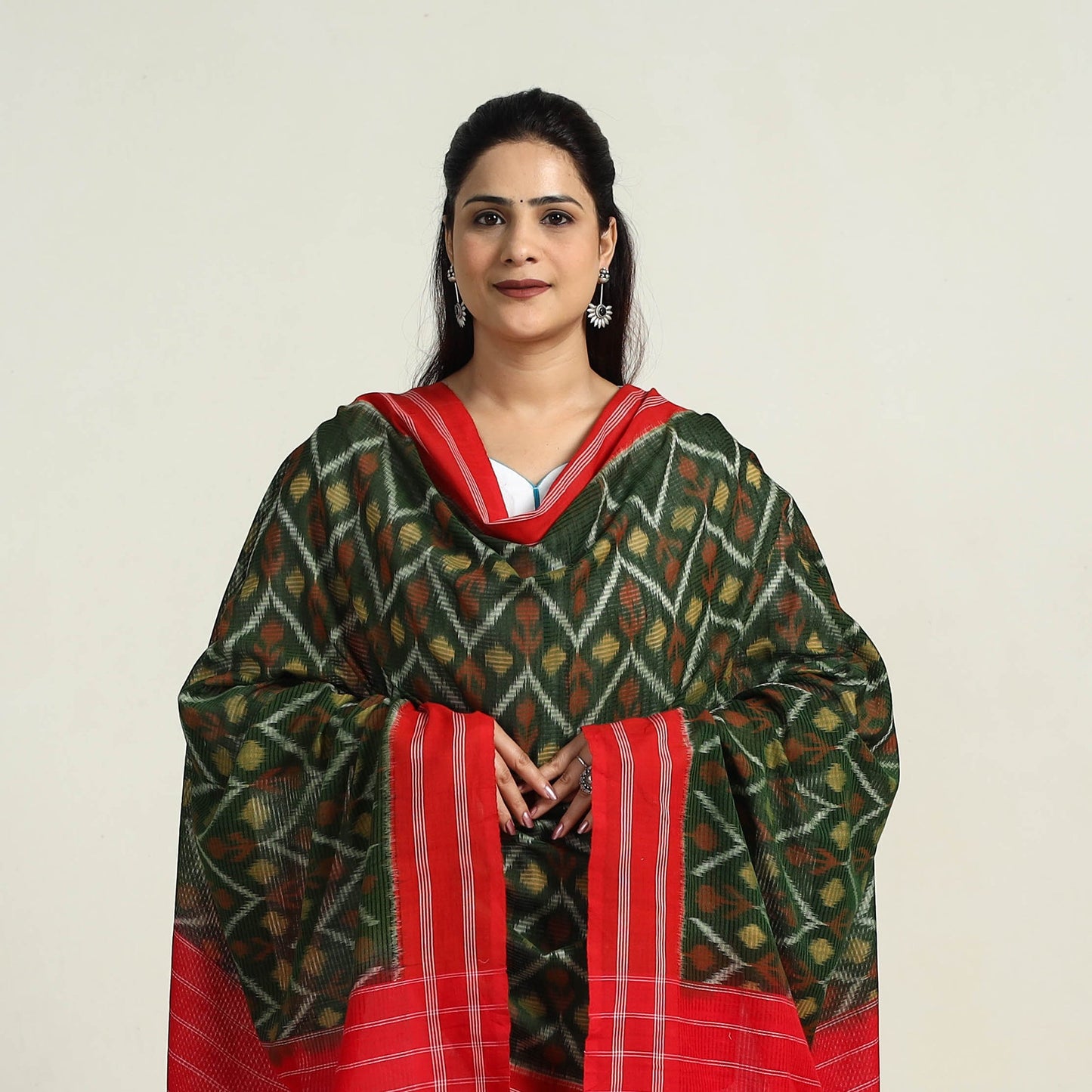 Green Handloom Pochampally Double Ikat Telia Rumal Dupatta