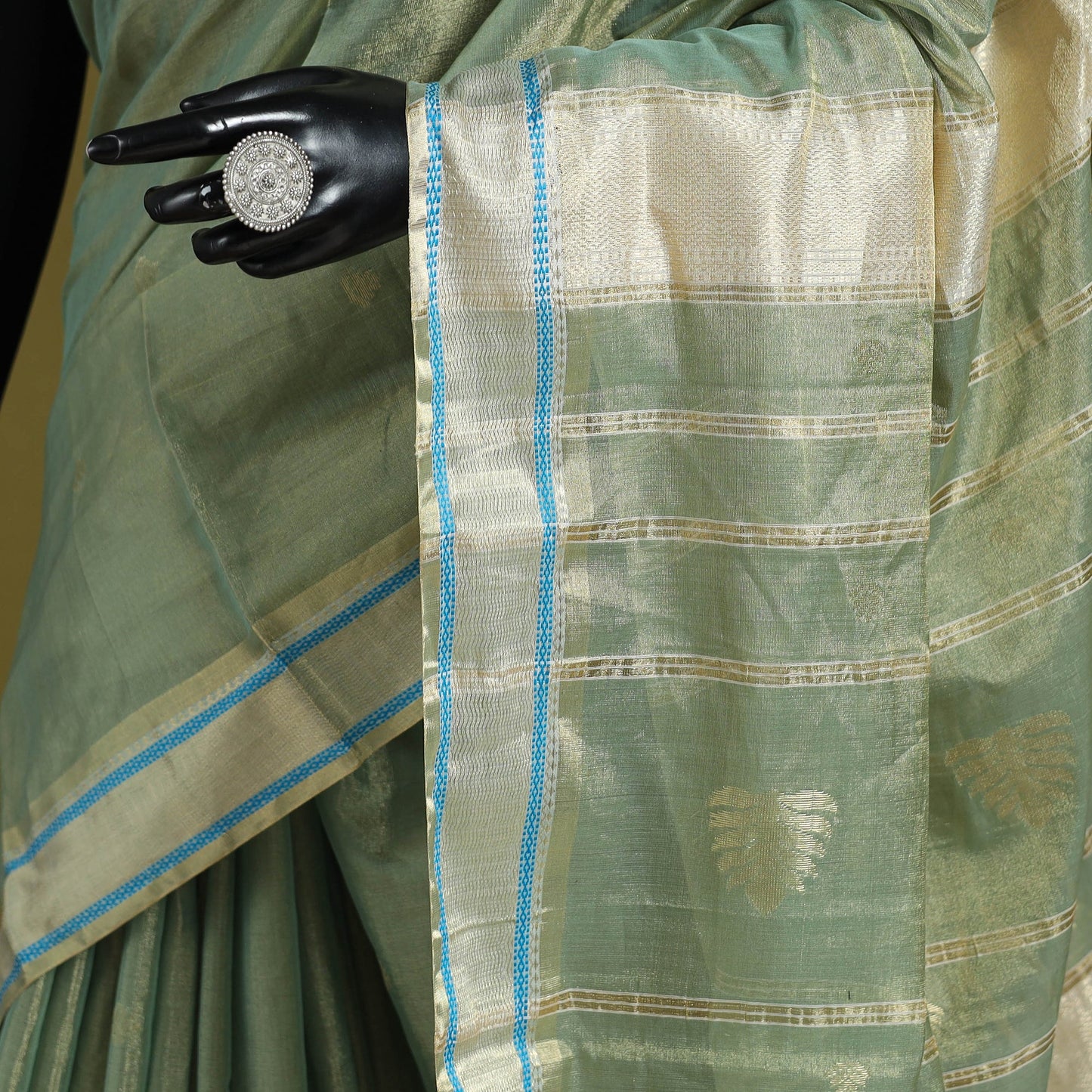 Green - handloom tissue zari weave silk cotton buti