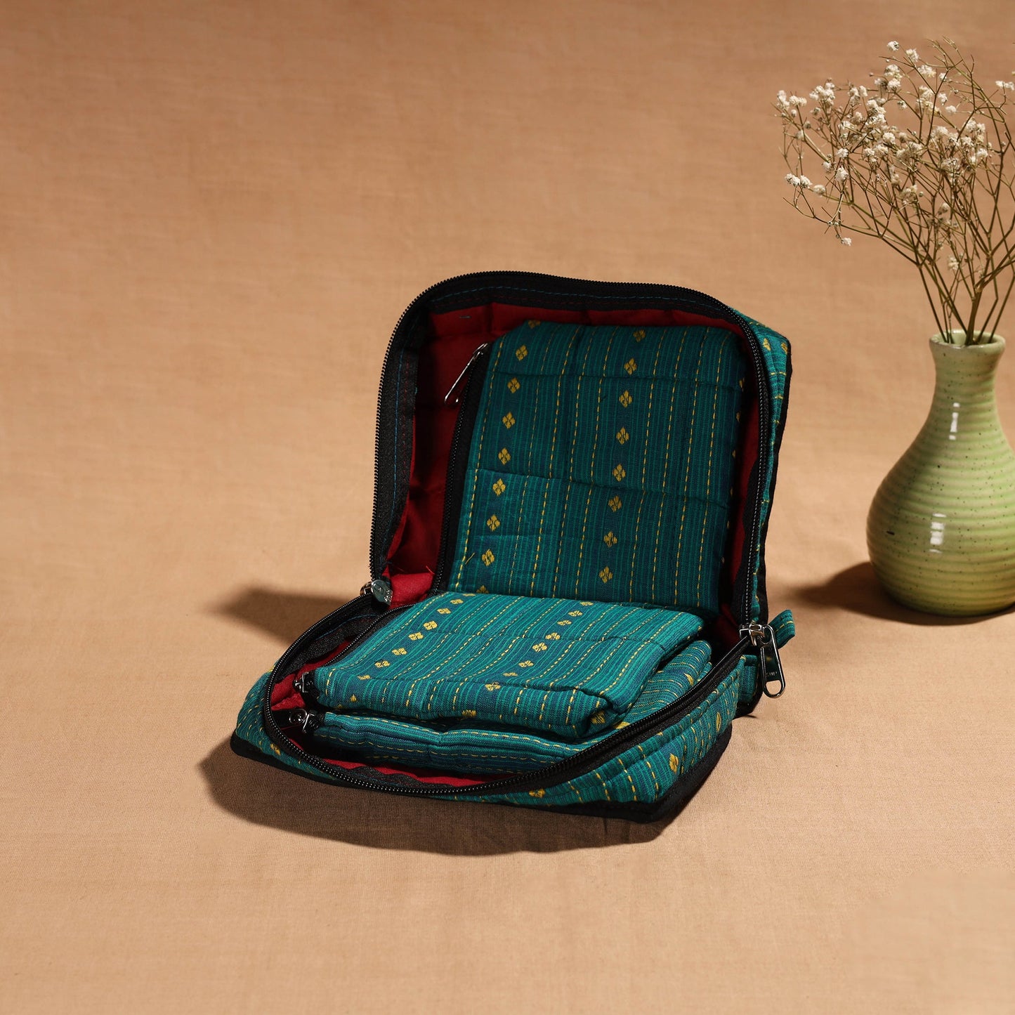 Green Handmade 4 Pockets Cotton Jewellery Bag