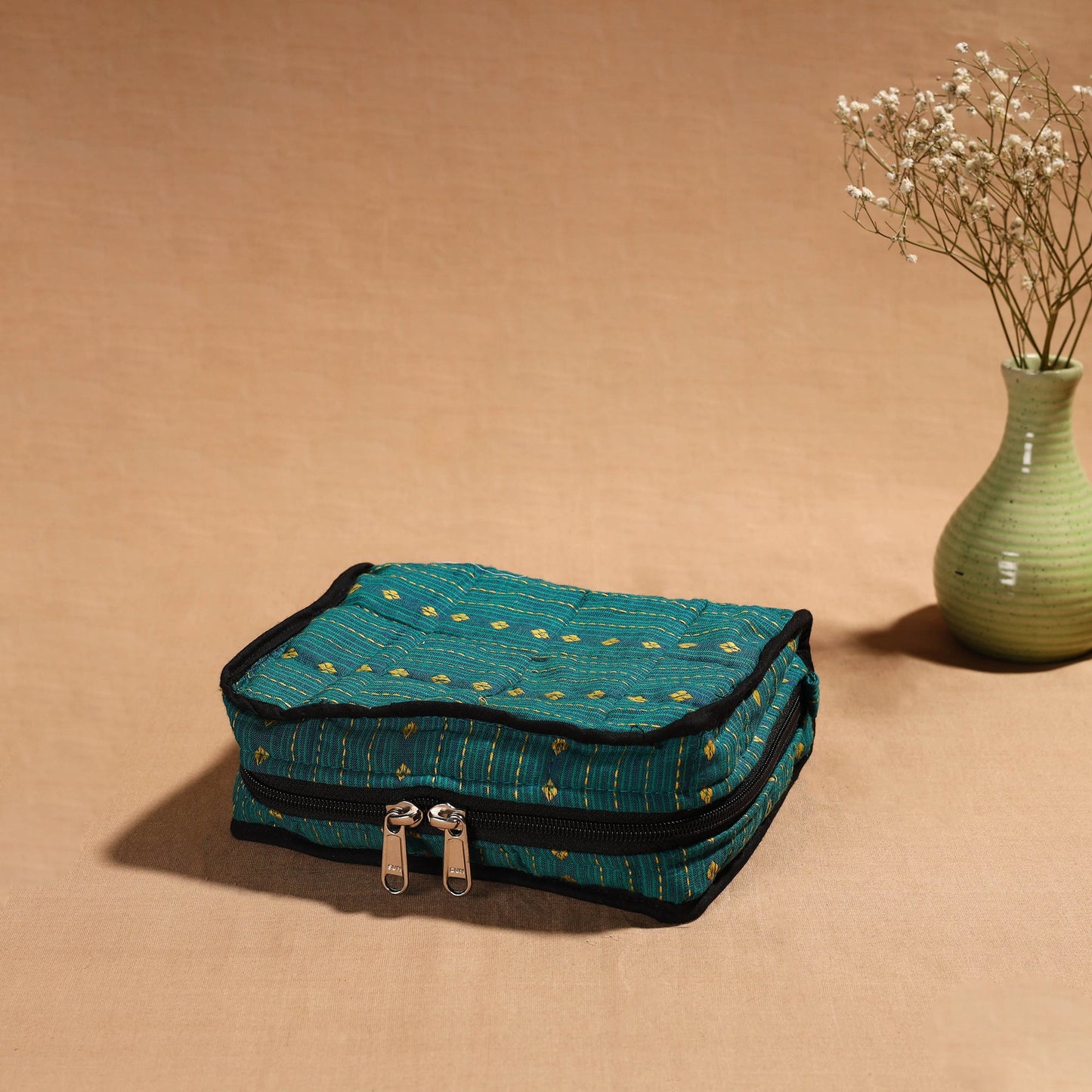 Green Handmade 4 Pockets Cotton Jewellery Bag