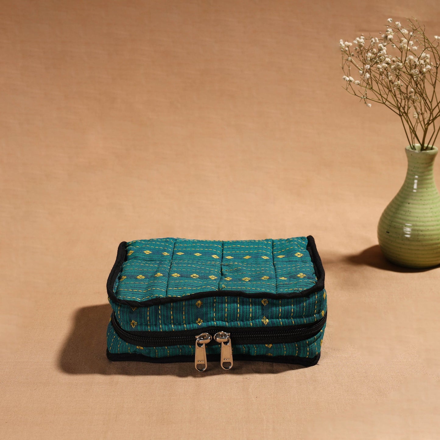 Green Handmade 4 Pockets Cotton Jewellery Bag