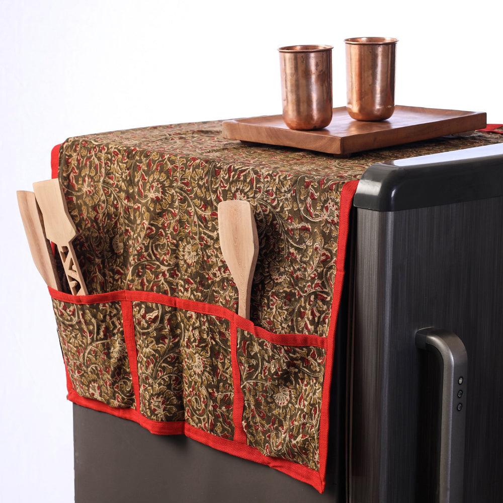 Green Handmade Cotton Fridge Top Cover with Multiple Pockets