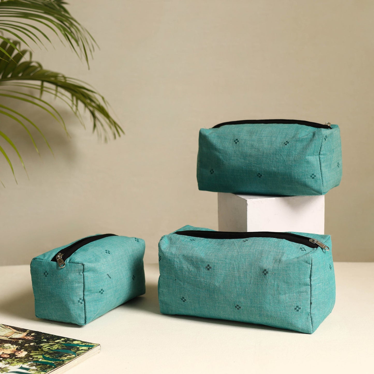 Green Handmade Cotton Toiletry Bags (Set of 3)