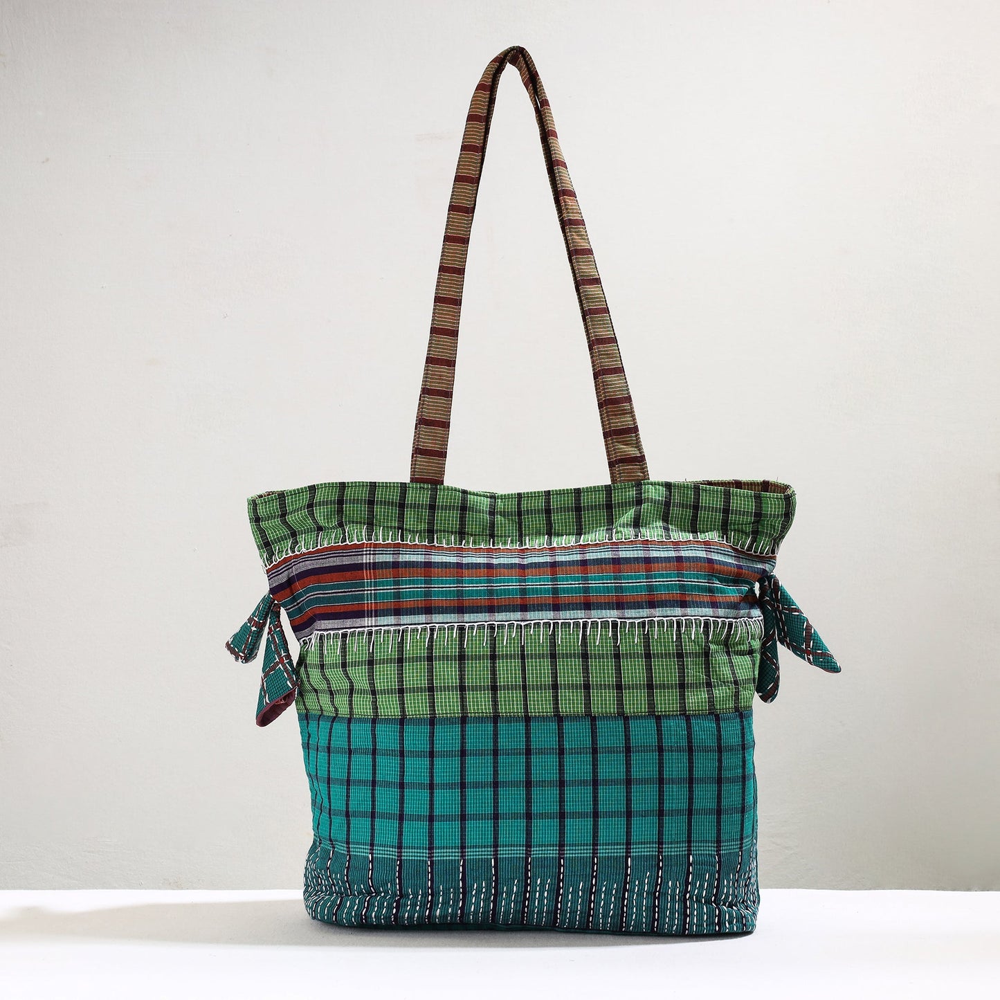 Green Handmade Gamcha Fabric Kantha Work Tote Bag