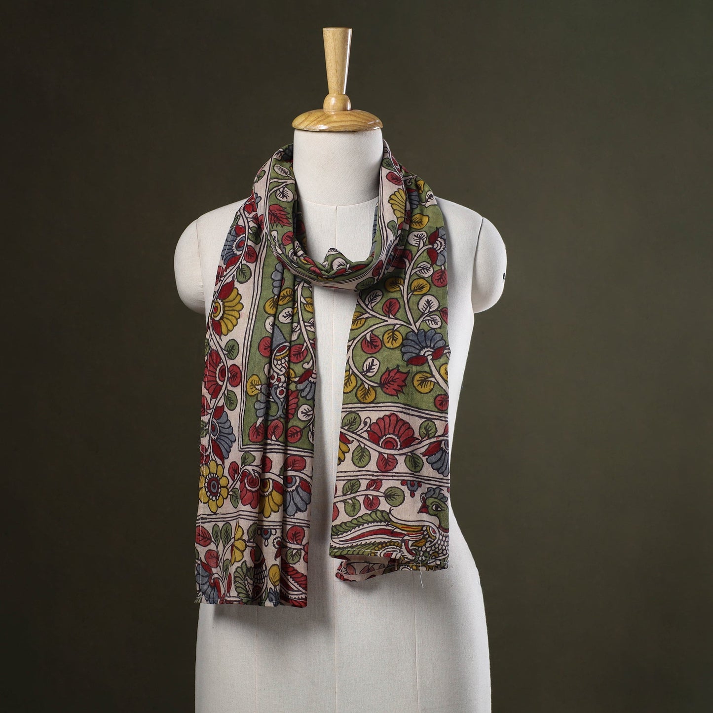 Green Handpainted Cotton Kalamkari Stole