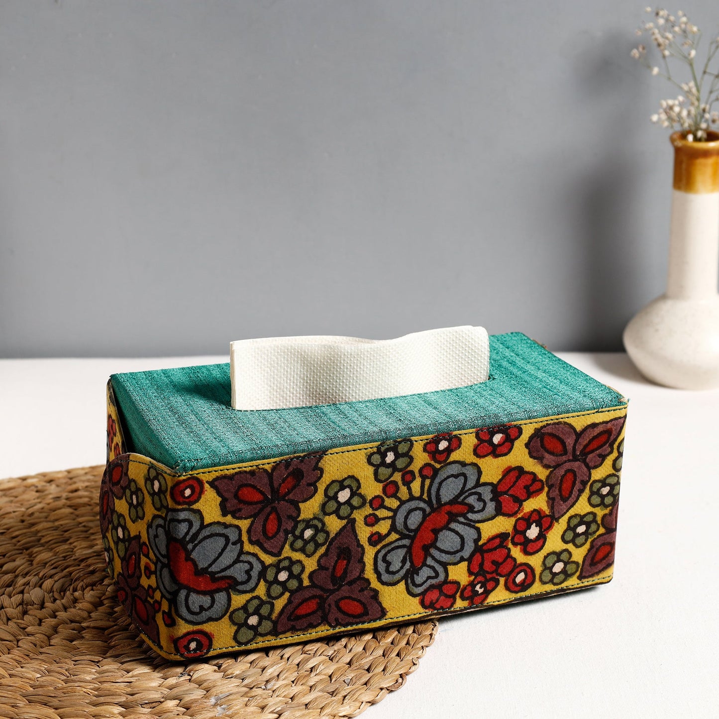 Green Handpainted Kalamkari Natural Dyed Cotton Tissue Box
