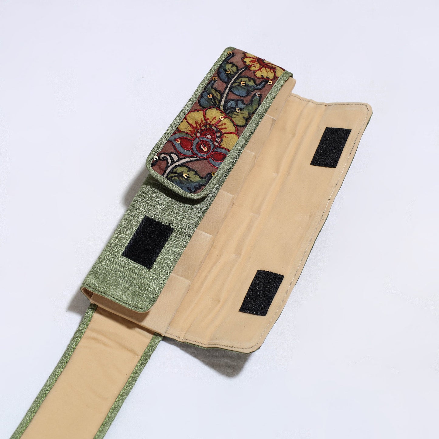 Green Handpainted Kalamkari Natural Dyed Ghicha Silk Earrings Pouch 18