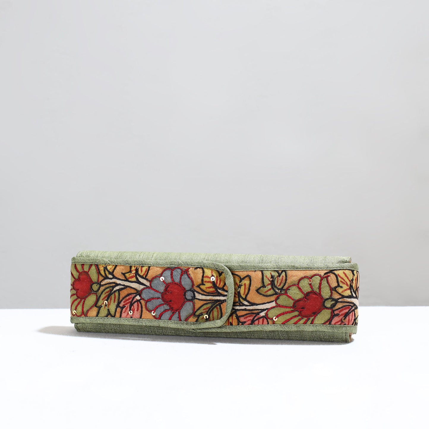 Green Handpainted Kalamkari Natural Dyed Ghicha Silk Earrings Pouch 24