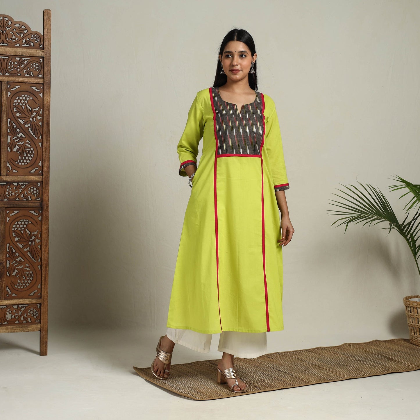 Ikat Mosaic Fusion A-Line Plain Cotton Green Kurta for Women