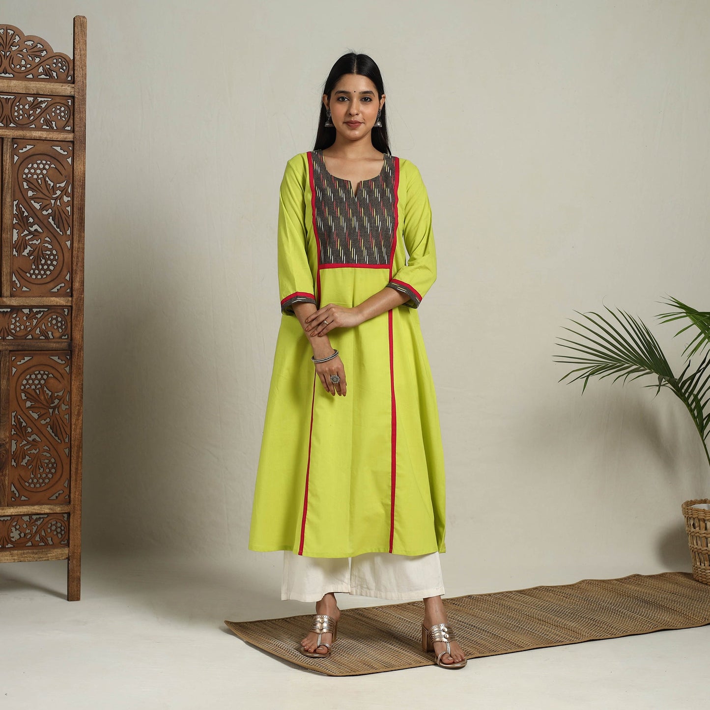 Ikat Mosaic Fusion A-Line Plain Cotton Green Kurta for Women